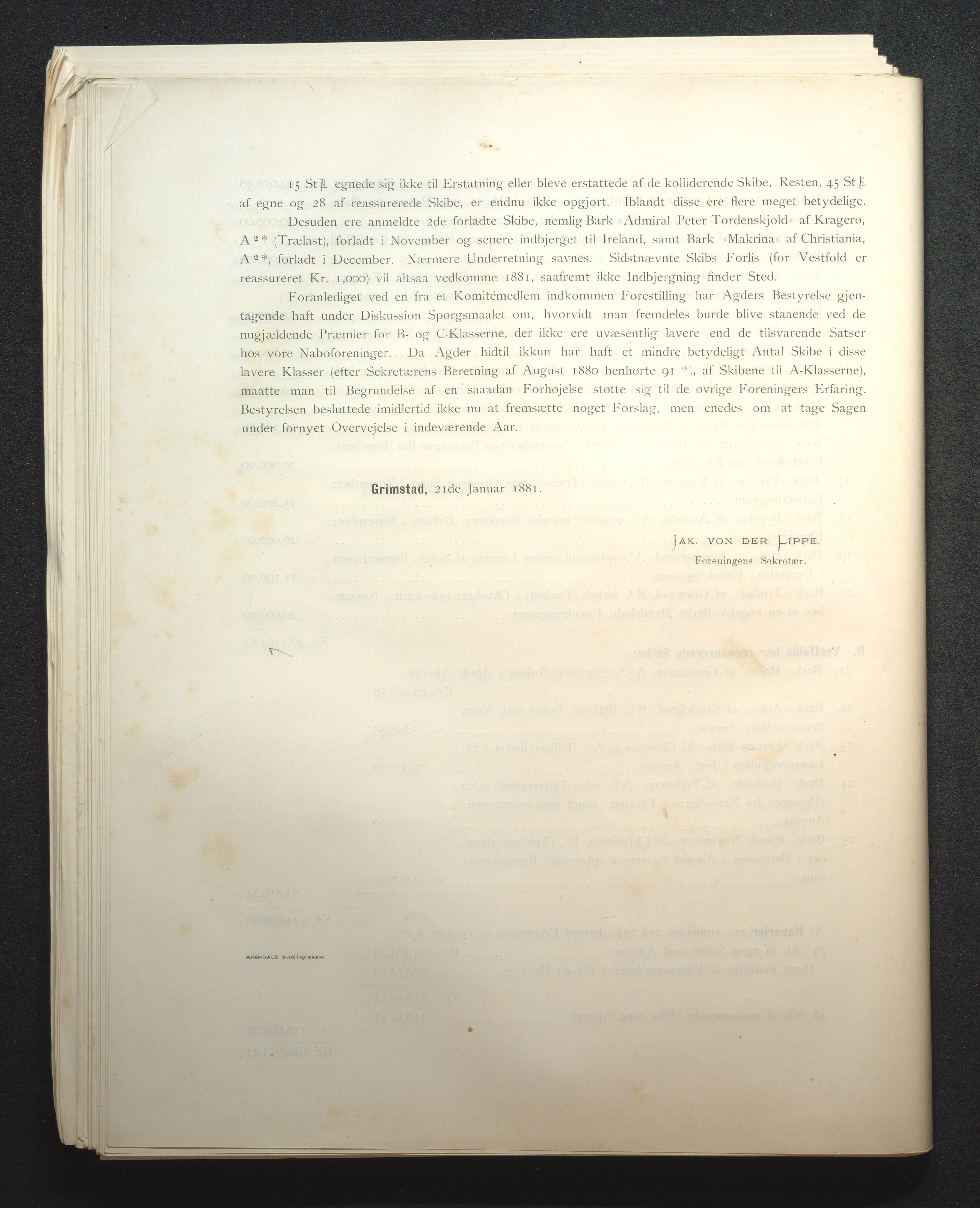 Agders Gjensidige Assuranceforening, AAKS/PA-1718/05/L0001: Regnskap, seilavdeling, pakkesak, 1855-1880