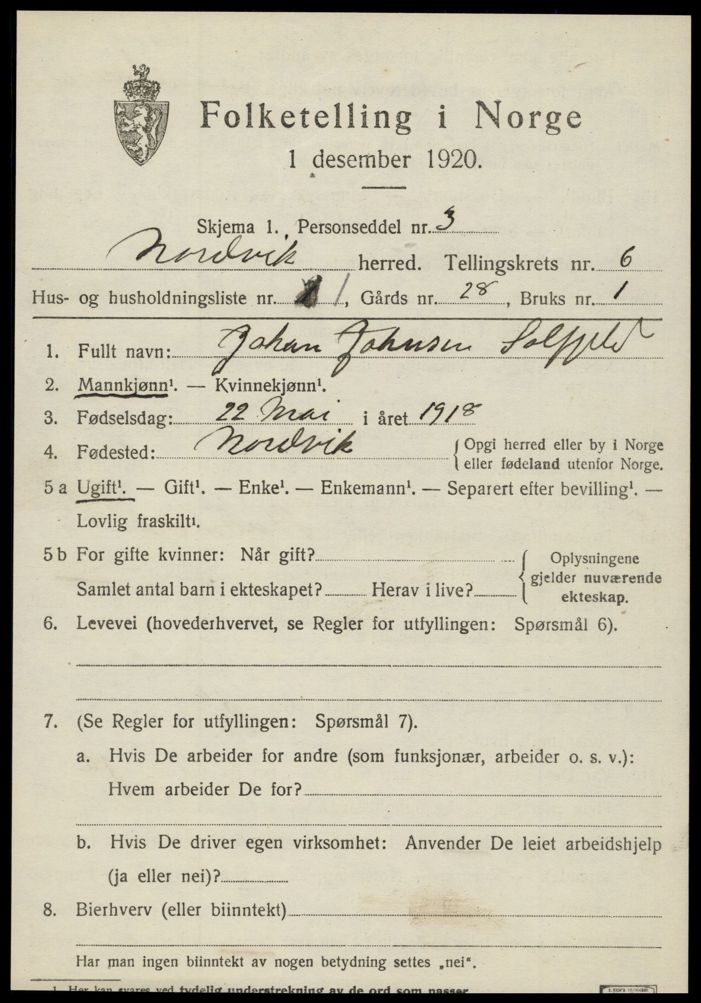 SAT, 1920 census for Nordvik, 1920, p. 2222