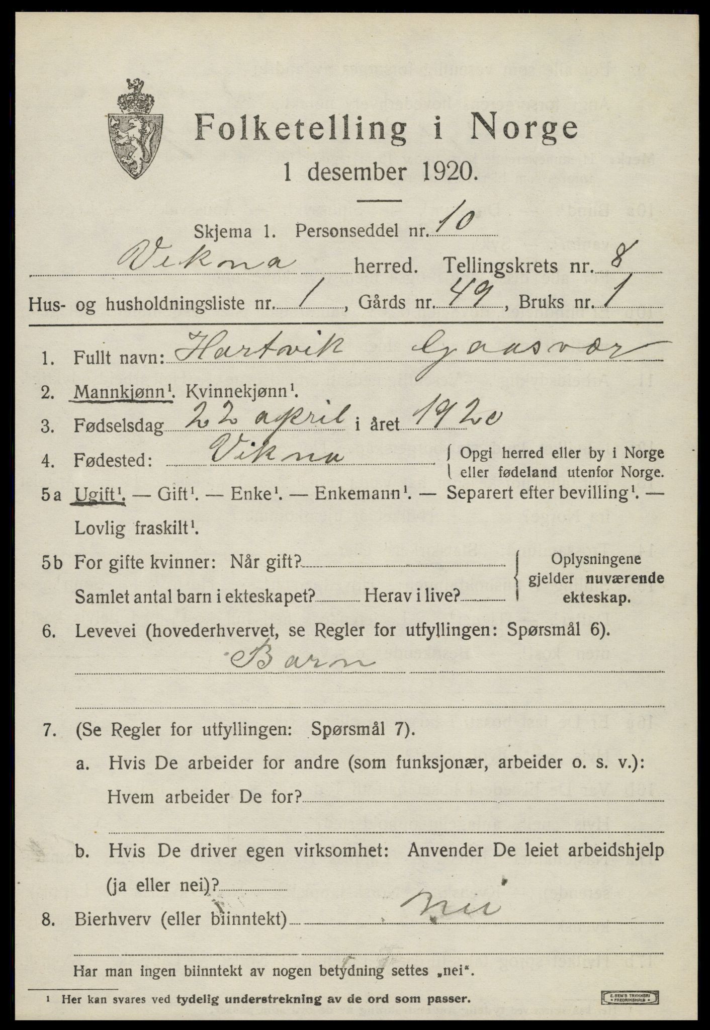 SAT, 1920 census for Vikna, 1920, p. 6005