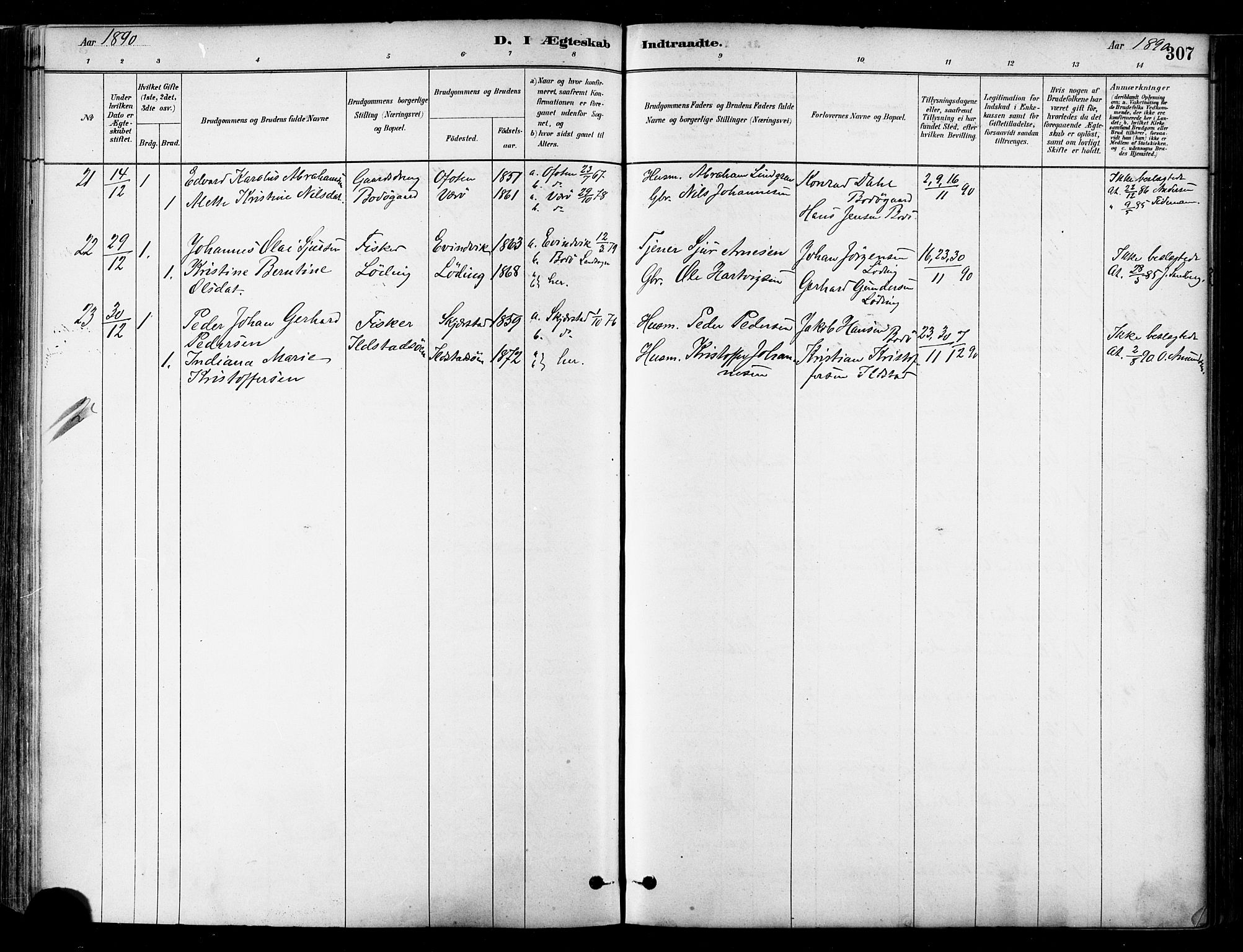 Ministerialprotokoller, klokkerbøker og fødselsregistre - Nordland, SAT/A-1459/802/L0054: Parish register (official) no. 802A01, 1879-1893, p. 307