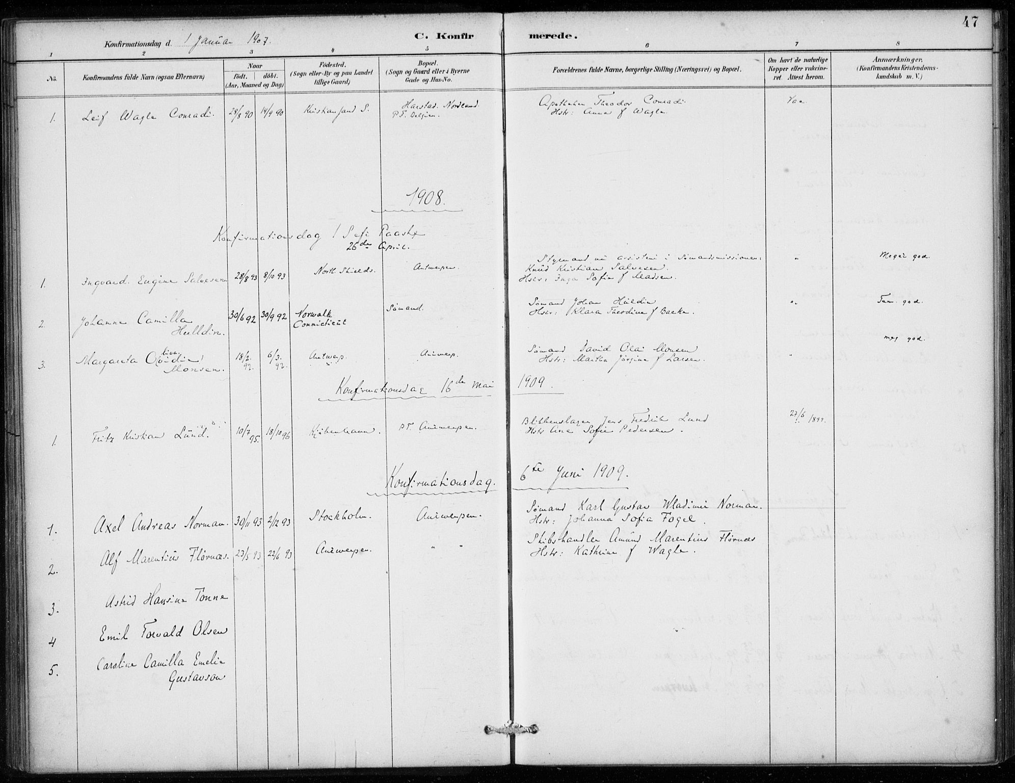 Den norske sjømannsmisjon i utlandet/Antwerpen, SAB/SAB/PA-0105/H/Ha/L0002: Parish register (official) no. A 2, 1887-1913, p. 47