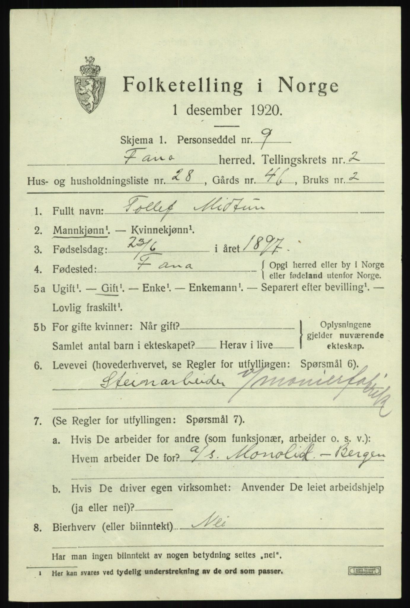 SAB, 1920 census for Fana, 1920, p. 4777