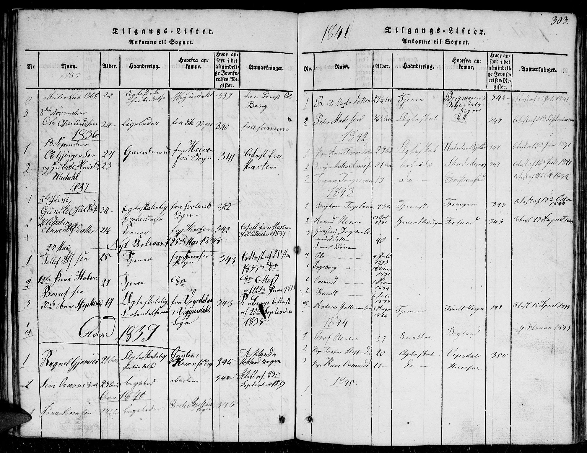 Herefoss sokneprestkontor, SAK/1111-0019/F/Fb/Fbc/L0001: Parish register (copy) no. B 1, 1816-1866, p. 303