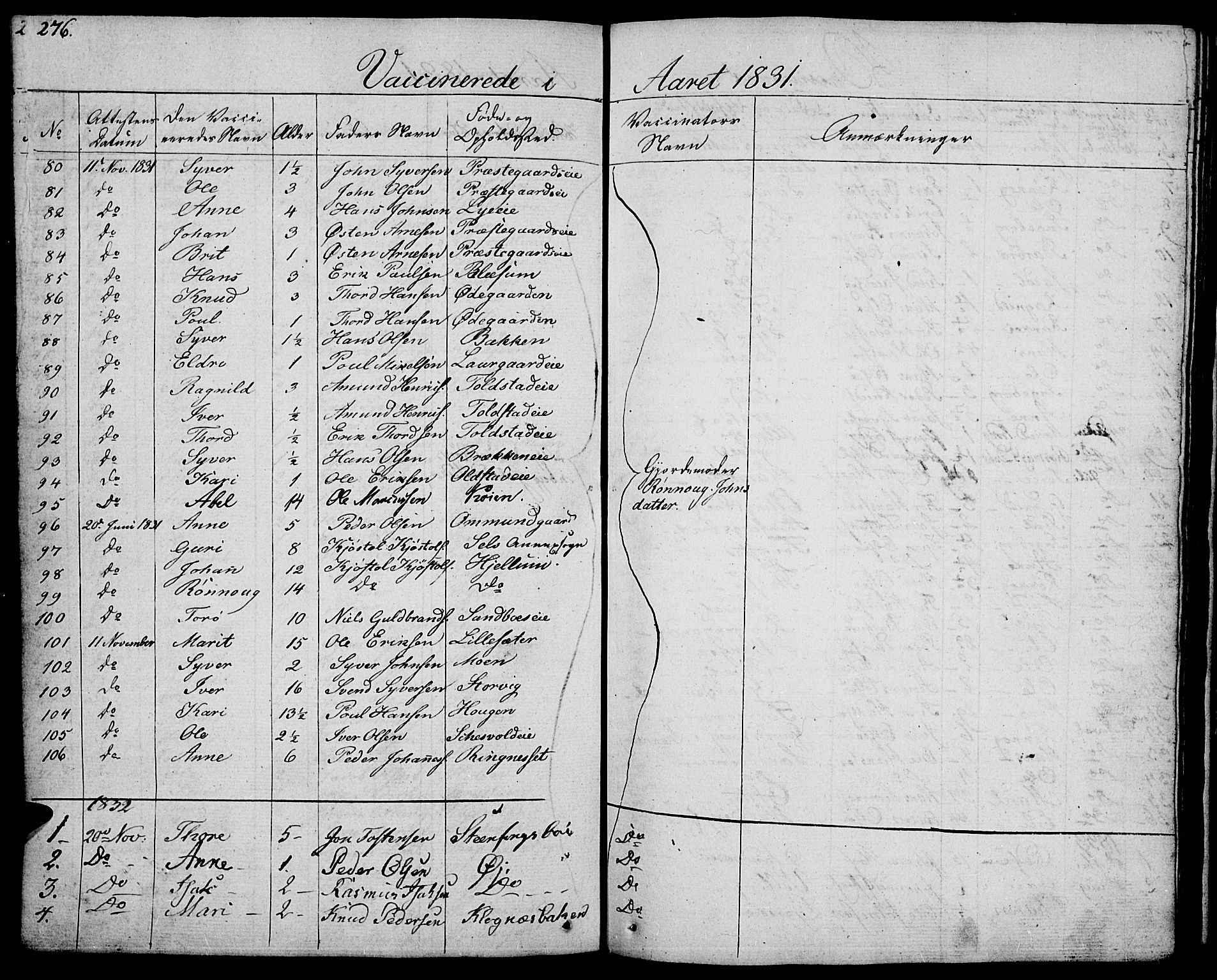 Vågå prestekontor, SAH/PREST-076/H/Ha/Haa/L0004: Parish register (official) no. 4 /1, 1827-1842, p. 276