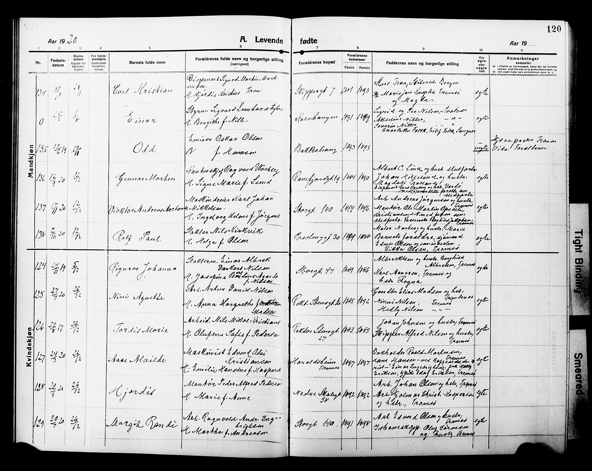 Tromsø sokneprestkontor/stiftsprosti/domprosti, AV/SATØ-S-1343/G/Gb/L0009klokker: Parish register (copy) no. 9, 1915-1925, p. 120