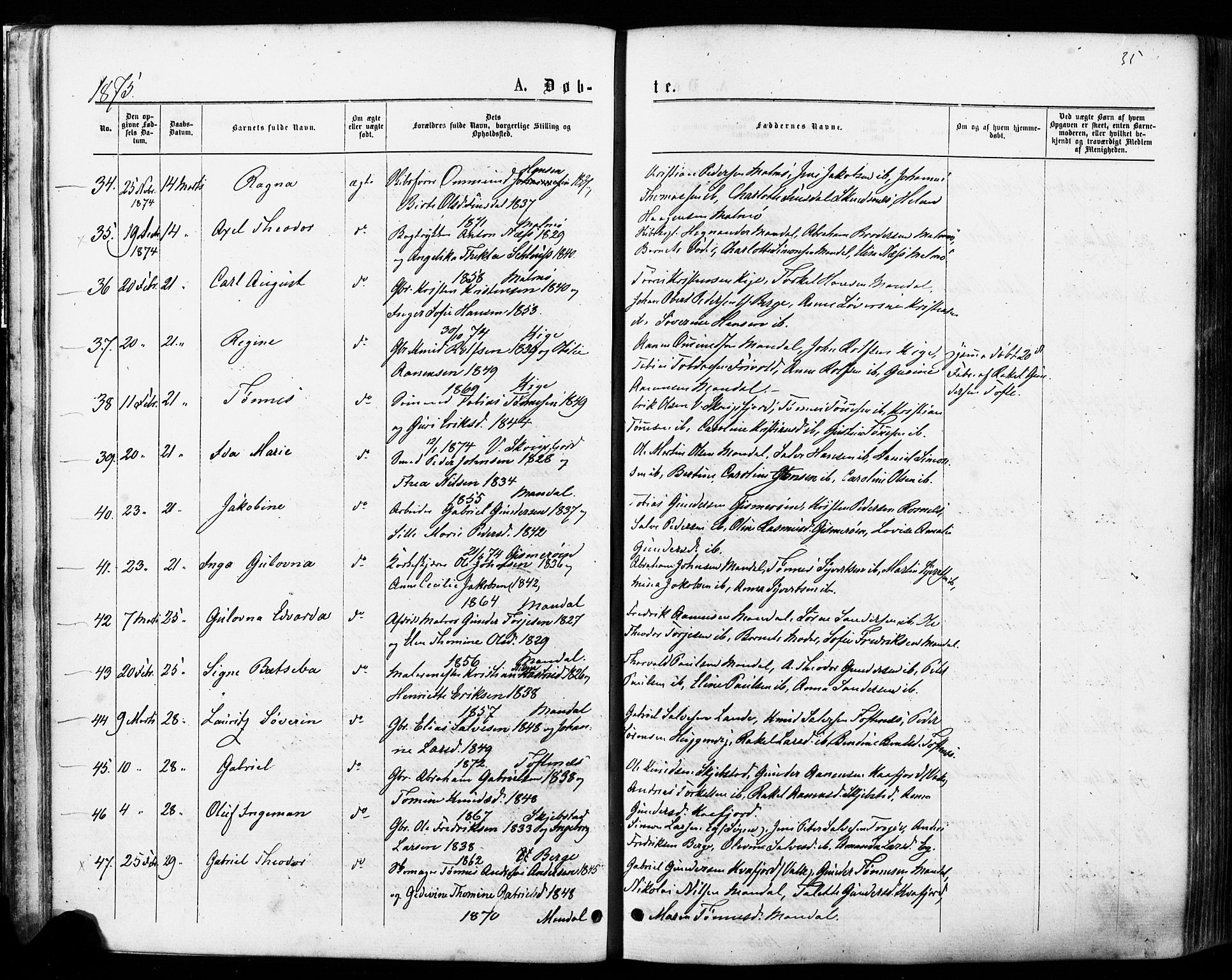 Mandal sokneprestkontor, AV/SAK-1111-0030/F/Fa/Faa/L0015: Parish register (official) no. A 15, 1873-1879, p. 35