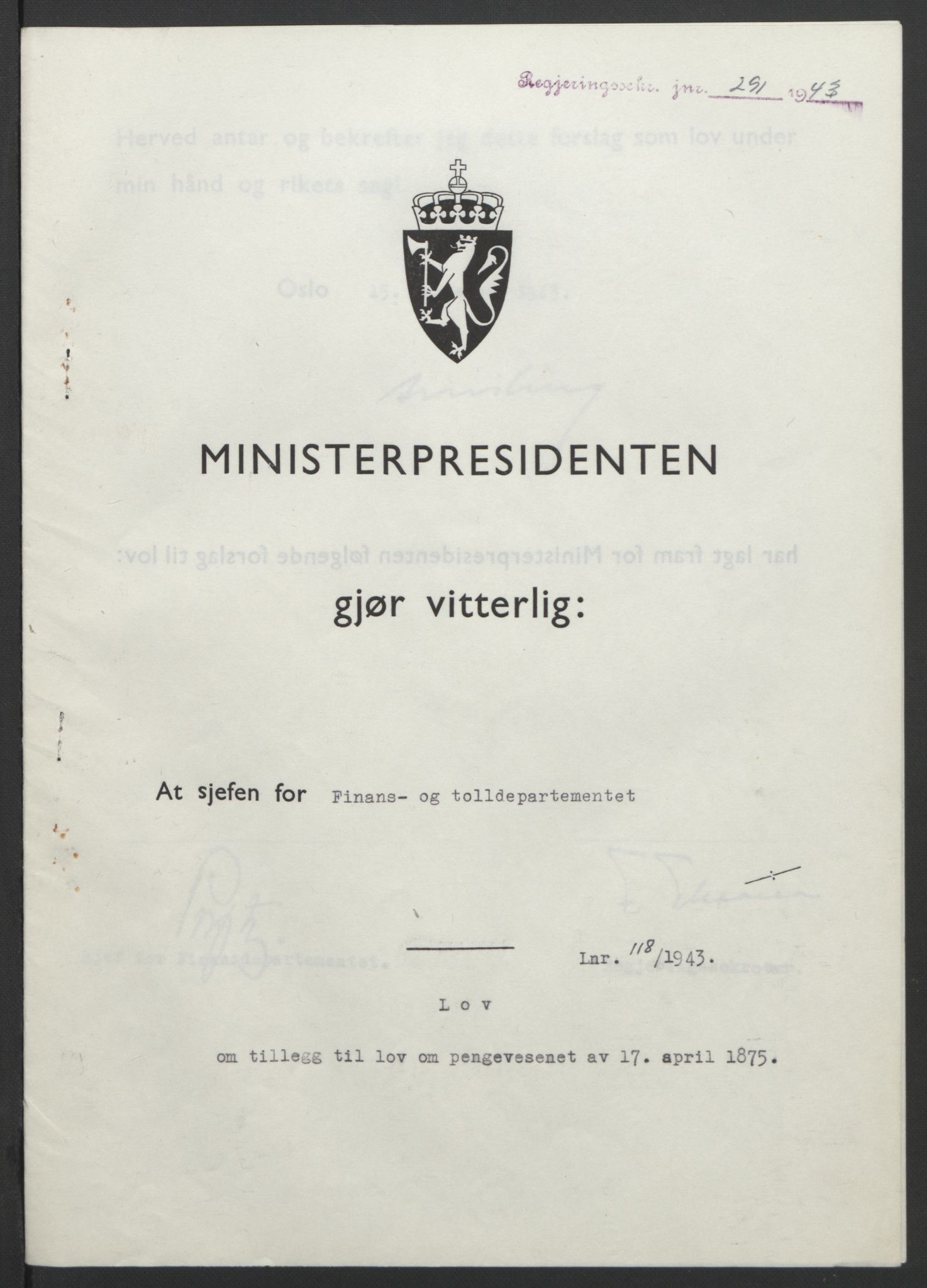 NS-administrasjonen 1940-1945 (Statsrådsekretariatet, de kommisariske statsråder mm), RA/S-4279/D/Db/L0099: Lover, 1943, p. 548