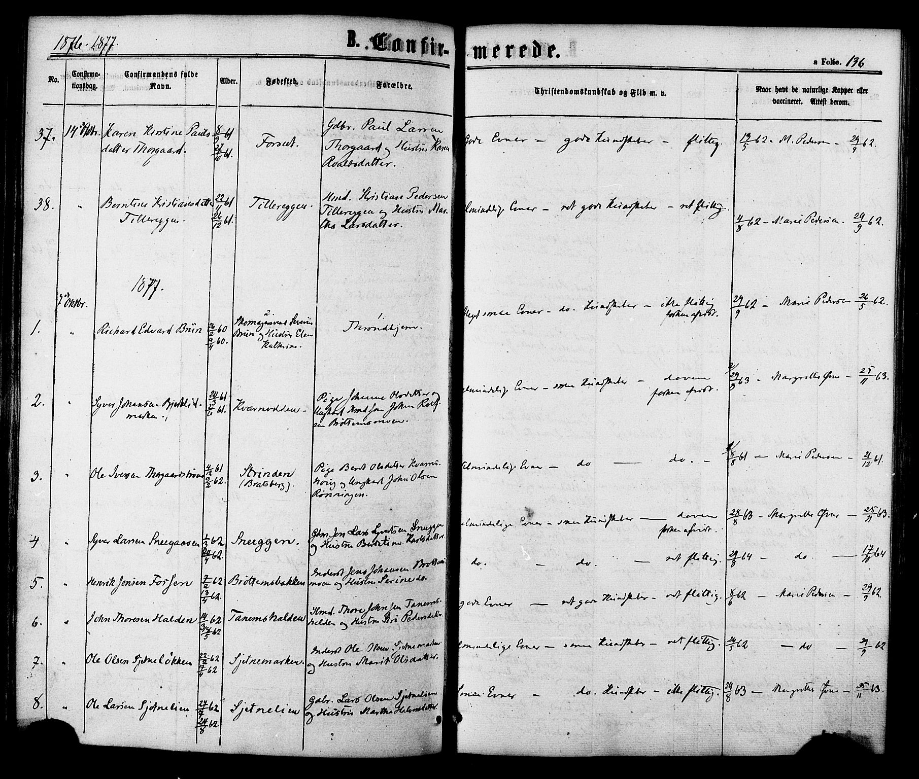 Ministerialprotokoller, klokkerbøker og fødselsregistre - Sør-Trøndelag, SAT/A-1456/618/L0442: Parish register (official) no. 618A06 /1, 1863-1879, p. 136