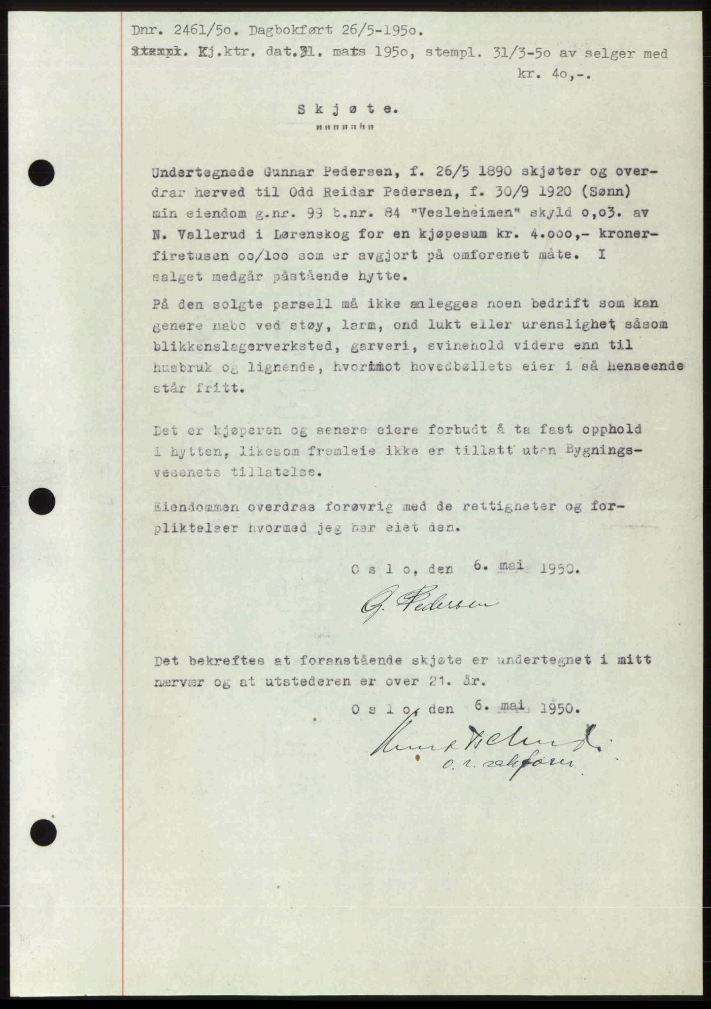 Nedre Romerike sorenskriveri, SAO/A-10469/G/Gb/Gbd/L0030: Mortgage book no. 30, 1950-1950, Diary no: : 2461/1950