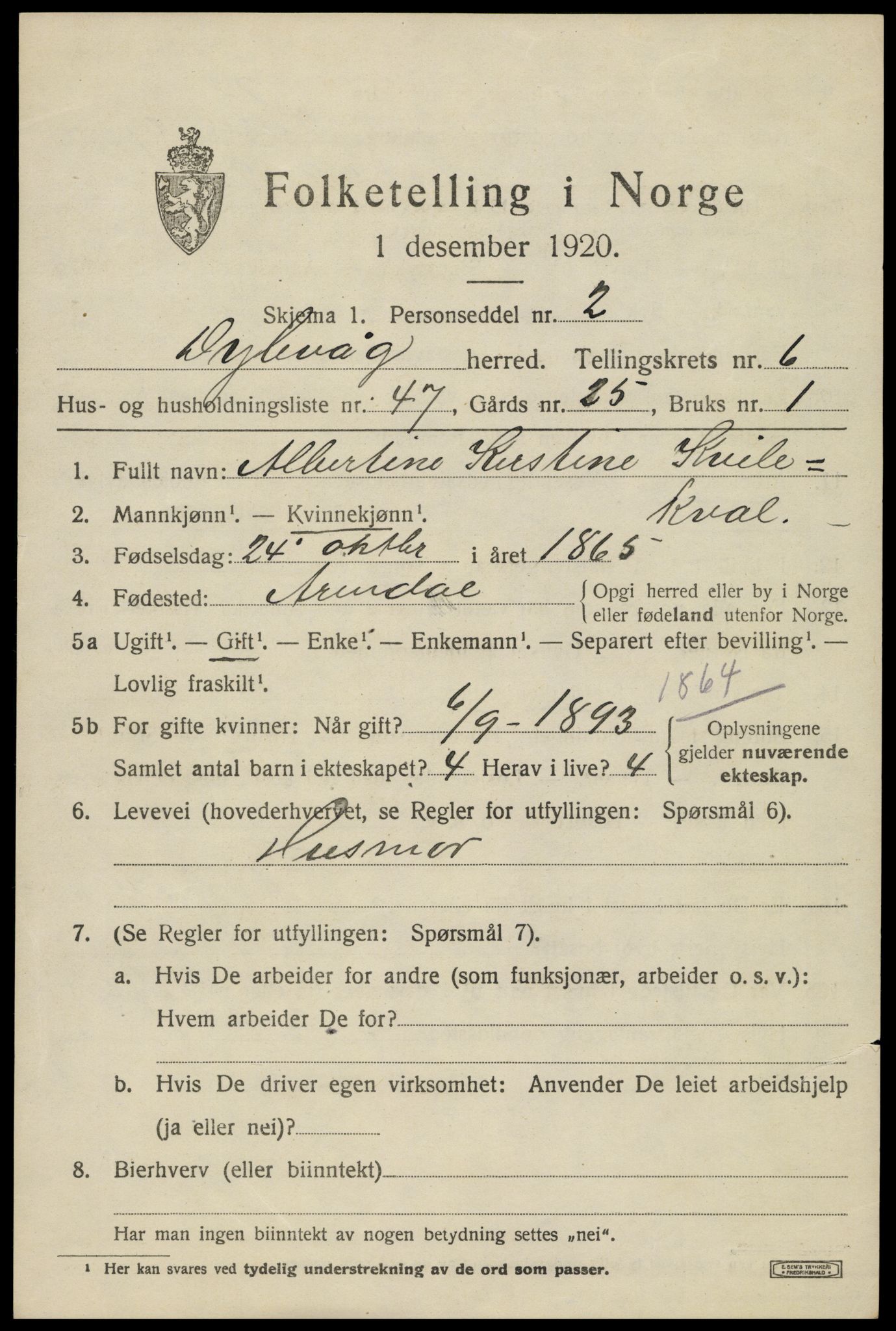 SAK, 1920 census for Dypvåg, 1920, p. 5407