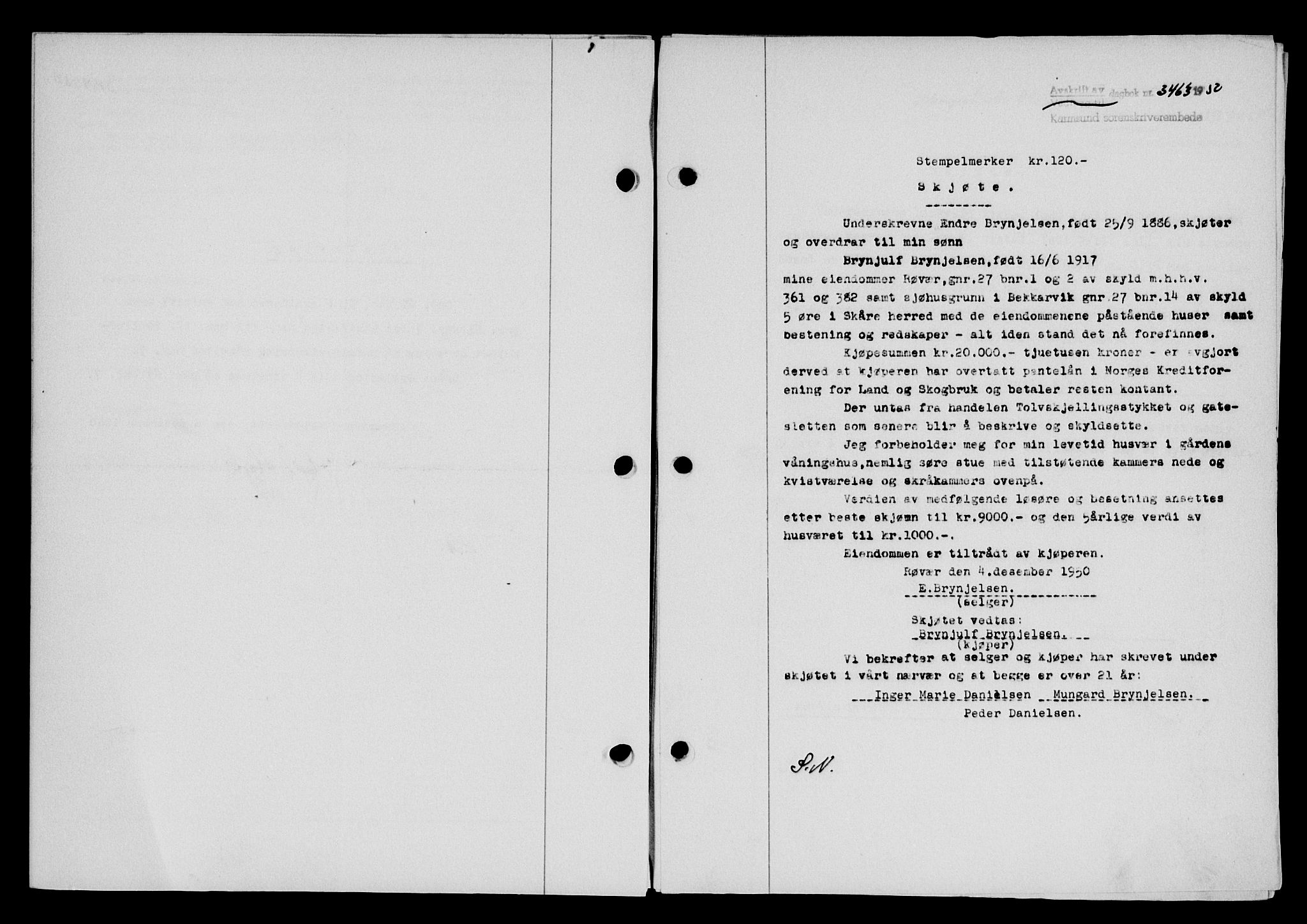 Karmsund sorenskriveri, SAST/A-100311/01/II/IIB/L0101: Mortgage book no. 81A, 1950-1951, Diary no: : 3463/1950