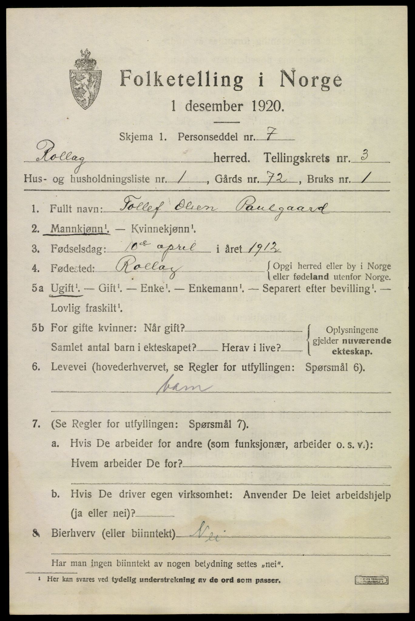 SAKO, 1920 census for Rollag, 1920, p. 1328