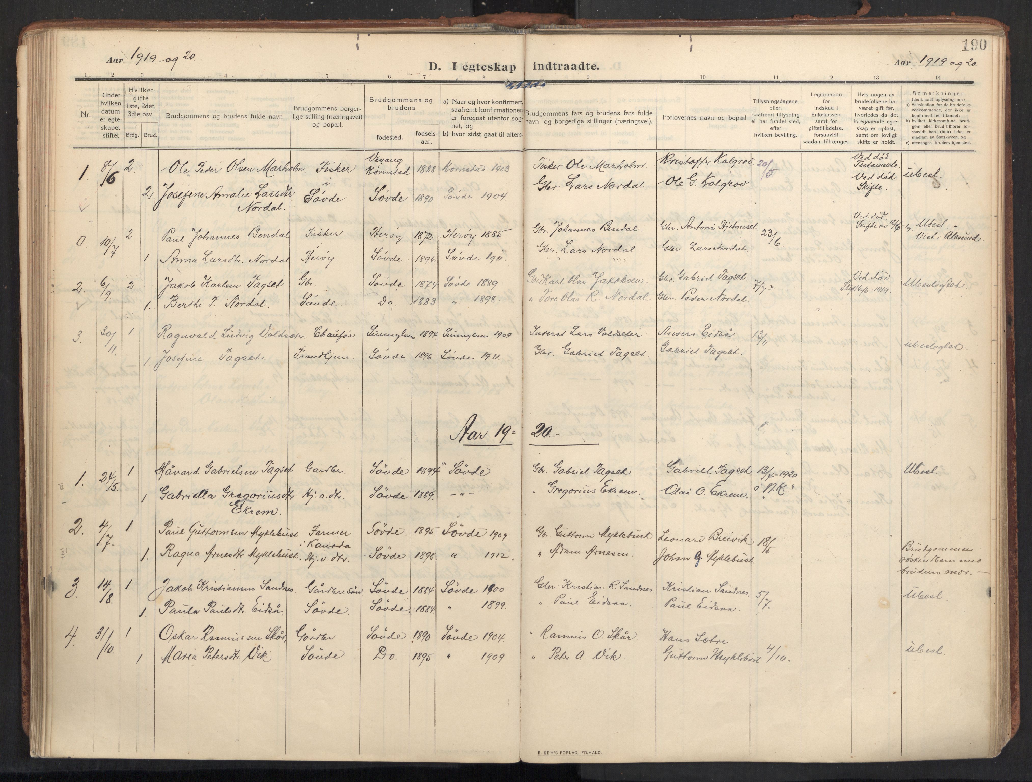 Ministerialprotokoller, klokkerbøker og fødselsregistre - Møre og Romsdal, SAT/A-1454/502/L0026: Parish register (official) no. 502A04, 1909-1933, p. 190