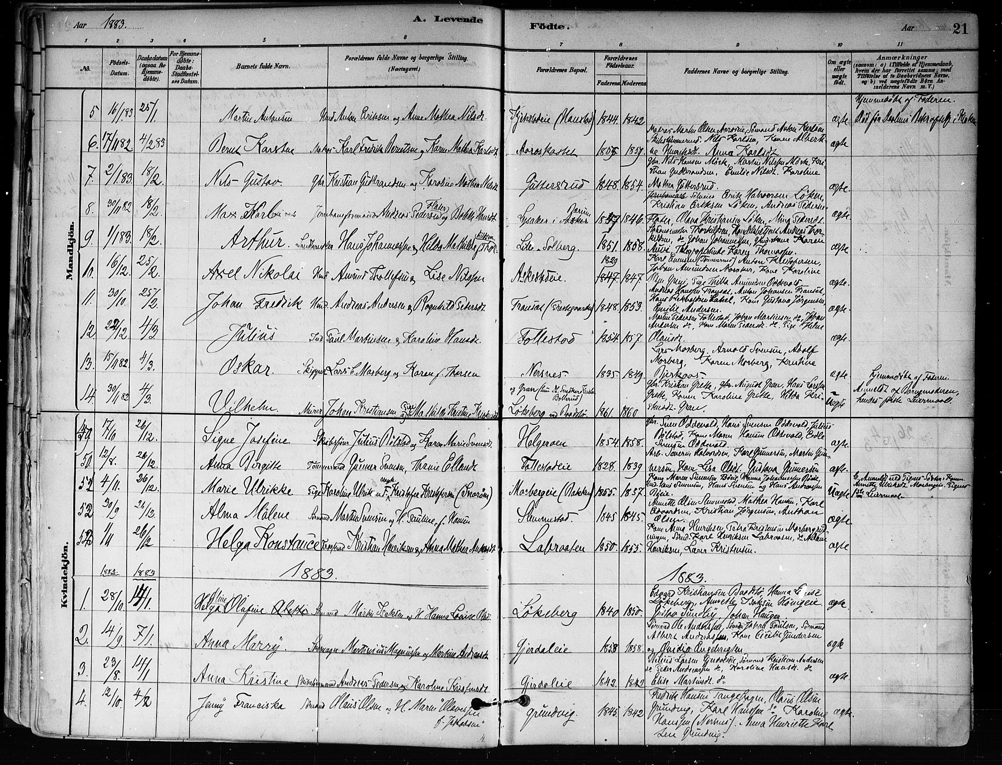 Røyken kirkebøker, AV/SAKO-A-241/F/Fa/L0008: Parish register (official) no. 8, 1880-1897, p. 21