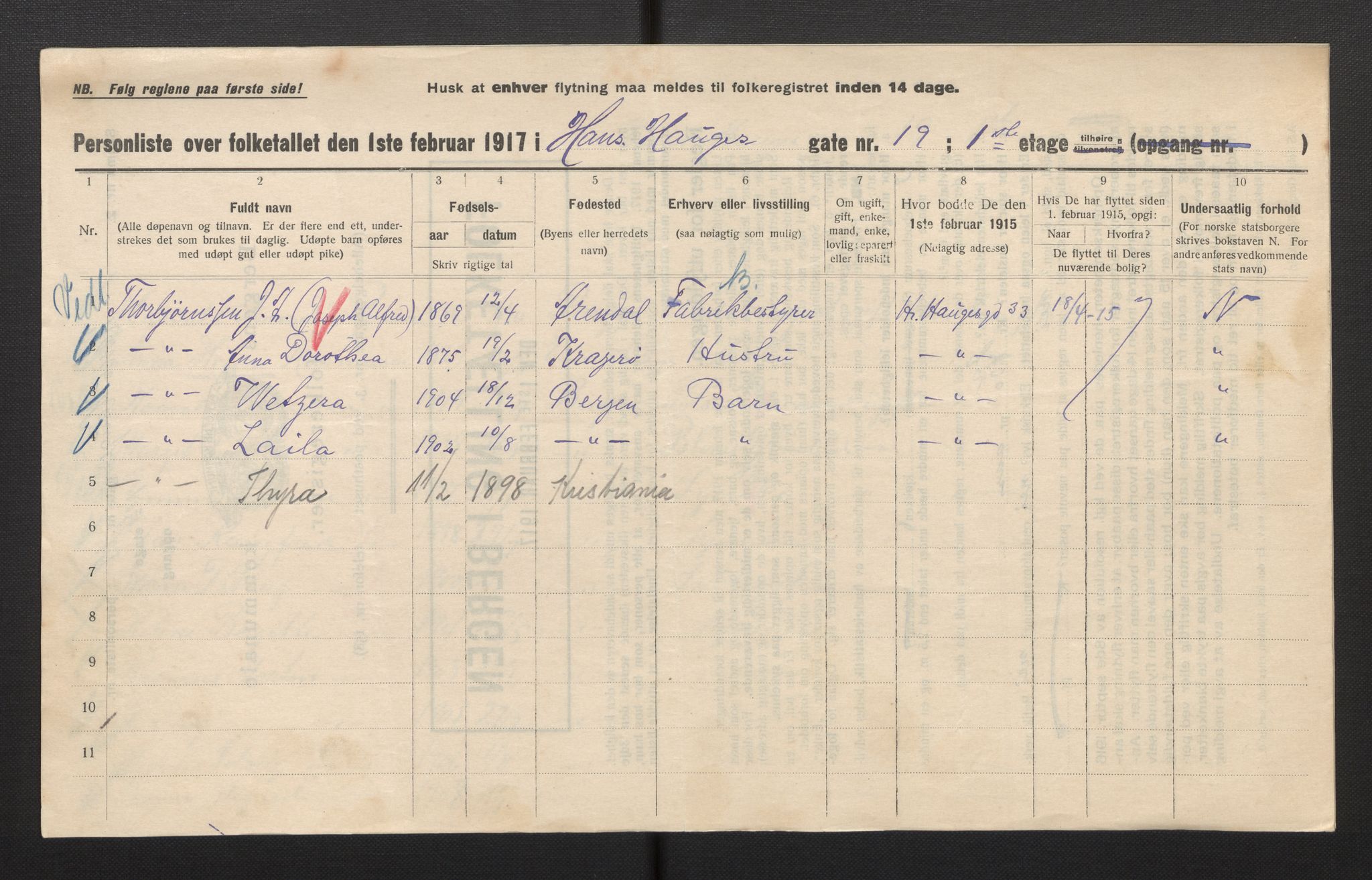 SAB, Municipal Census 1917 for Bergen, 1917, p. 11889