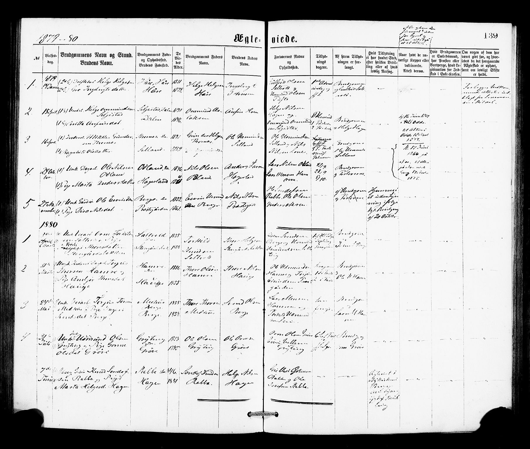 Røldal sokneprestembete, SAB/A-100247: Parish register (official) no. A 4, 1870-1886, p. 139