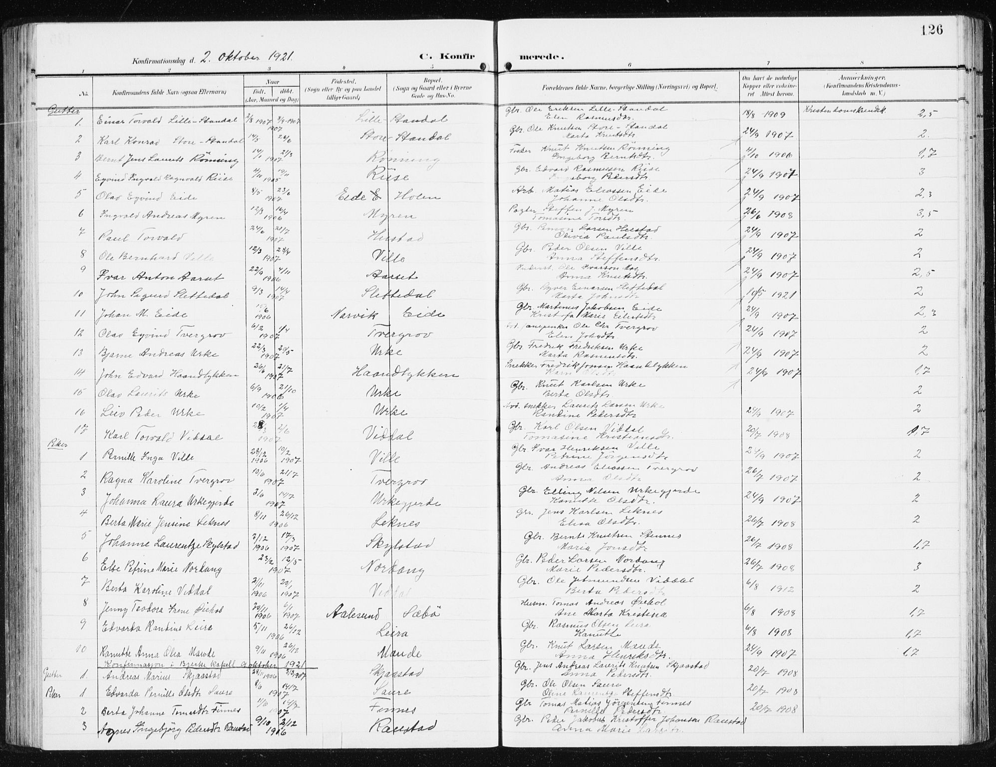 Ministerialprotokoller, klokkerbøker og fødselsregistre - Møre og Romsdal, SAT/A-1454/515/L0216: Parish register (copy) no. 515C03, 1906-1941, p. 126