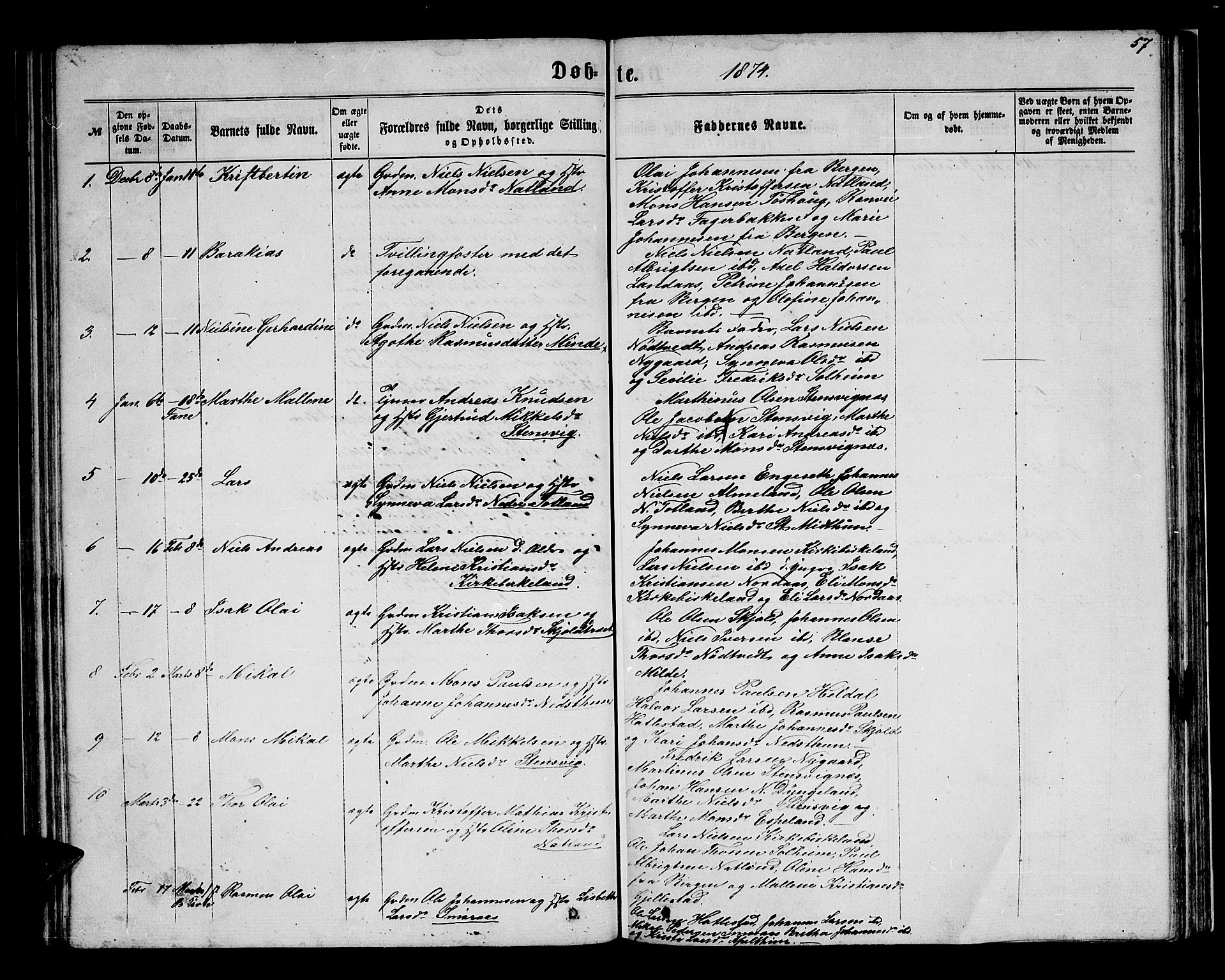 Birkeland Sokneprestembete, SAB/A-74601/H/Hab: Parish register (copy) no. A 2, 1863-1876, p. 57
