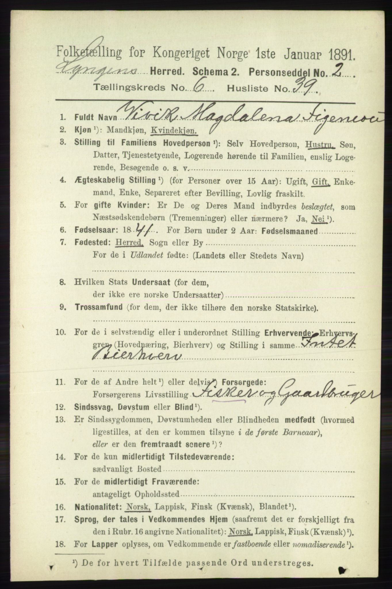 RA, 1891 census for 1938 Lyngen, 1891, p. 5539