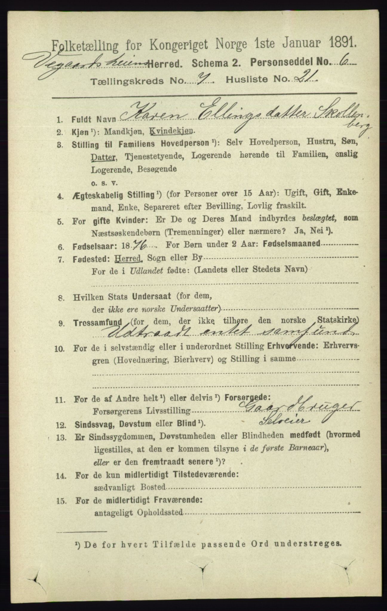 RA, 1891 census for 0912 Vegårshei, 1891, p. 1482