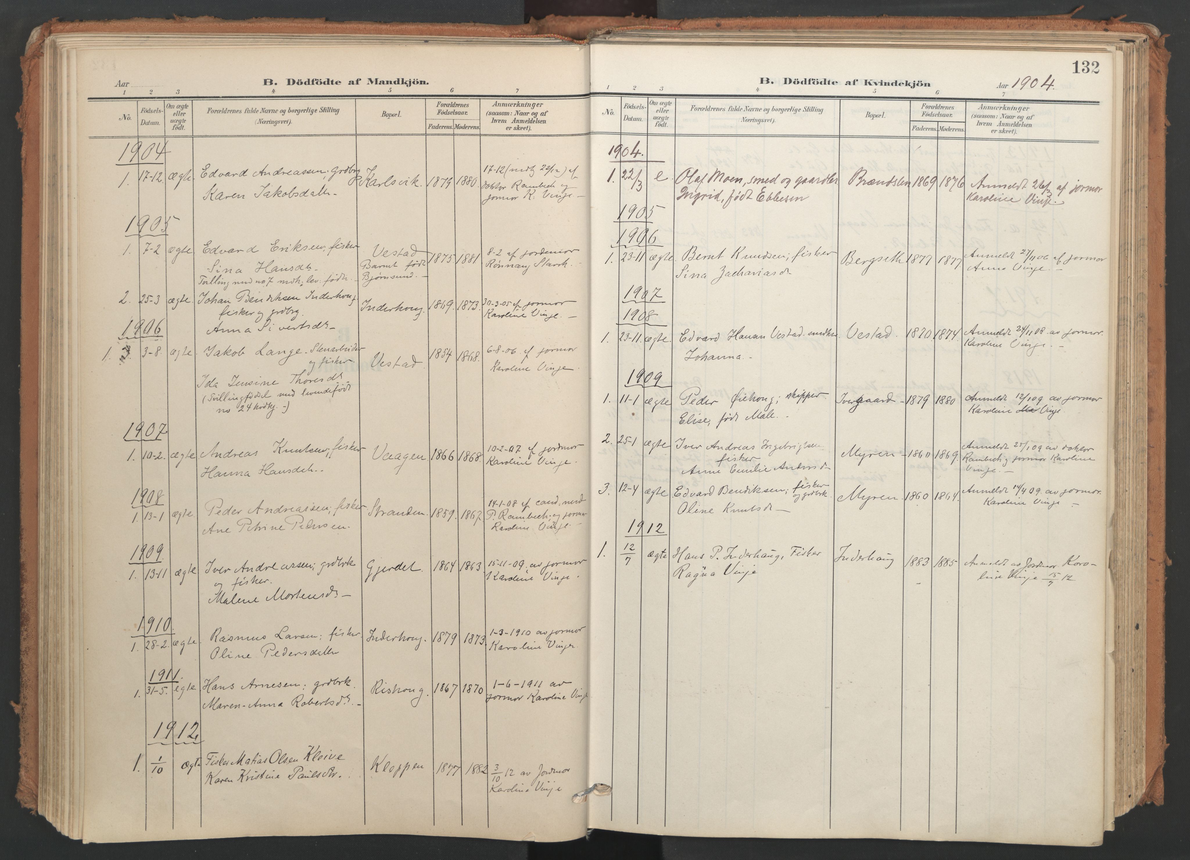 Ministerialprotokoller, klokkerbøker og fødselsregistre - Møre og Romsdal, SAT/A-1454/566/L0771: Parish register (official) no. 566A10, 1904-1929, p. 132