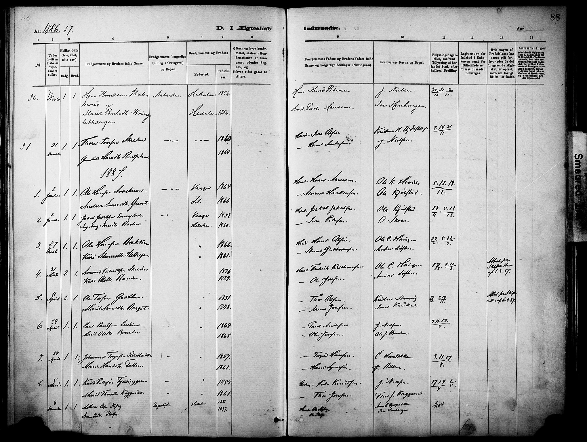 Vågå prestekontor, SAH/PREST-076/H/Ha/Haa/L0010: Parish register (official) no. 10, 1887-1904, p. 88