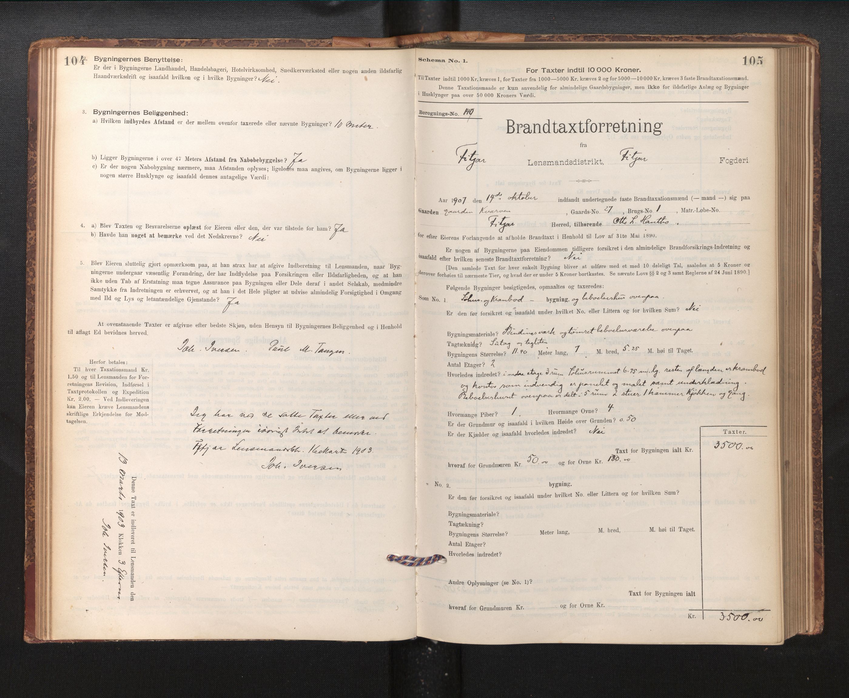 Lensmannen i Fitjar, SAB/A-32001/0012/L0001: Branntakstprotokoll, skjematakst, 1895-1948, p. 104-105