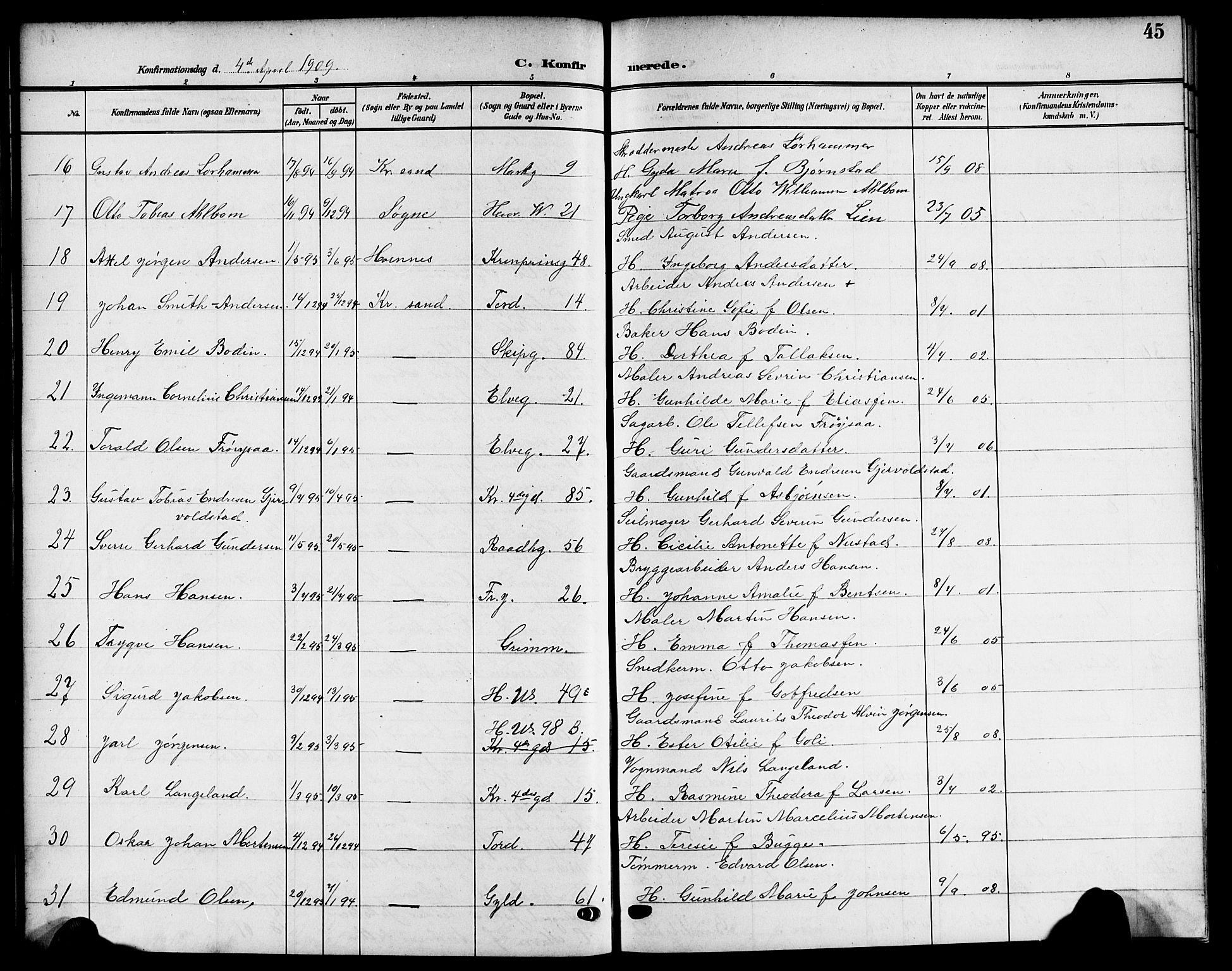 Kristiansand domprosti, SAK/1112-0006/F/Fb/L0020: Parish register (copy) no. B 20, 1906-1915, p. 45