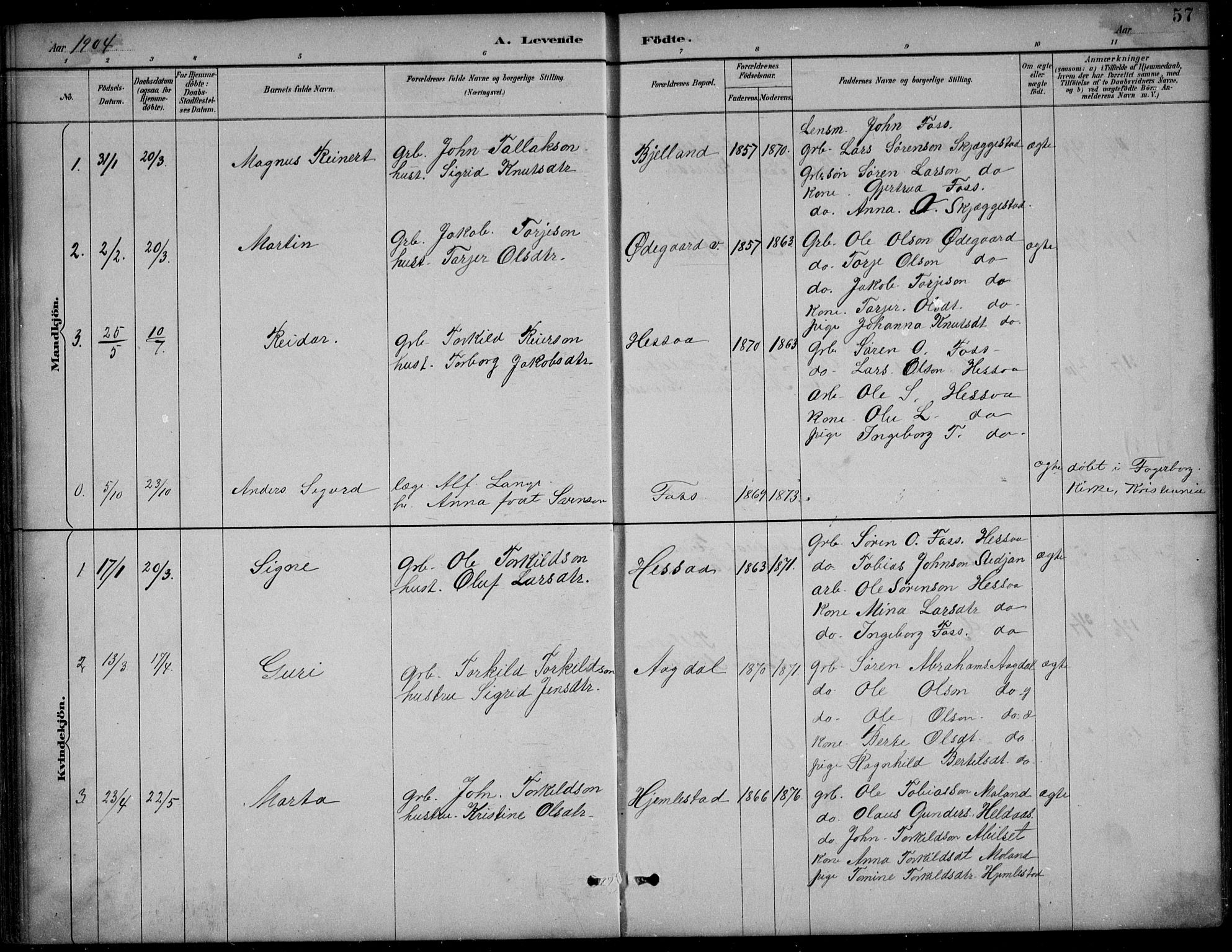 Bjelland sokneprestkontor, AV/SAK-1111-0005/F/Fb/Fba/L0005: Parish register (copy) no. B 5, 1887-1923, p. 57