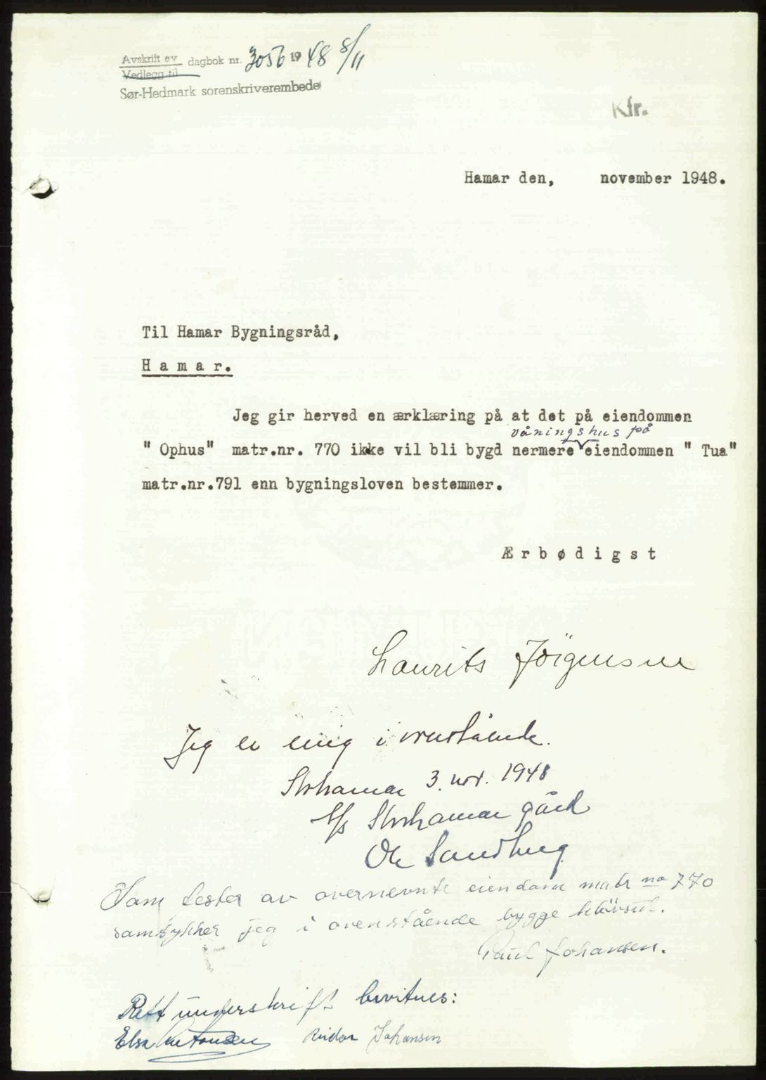 Sør-Hedmark sorenskriveri, SAH/TING-014/H/Hb/Hbd/L0018: Mortgage book no. 18, 1948-1949, Diary no: : 3056/1948