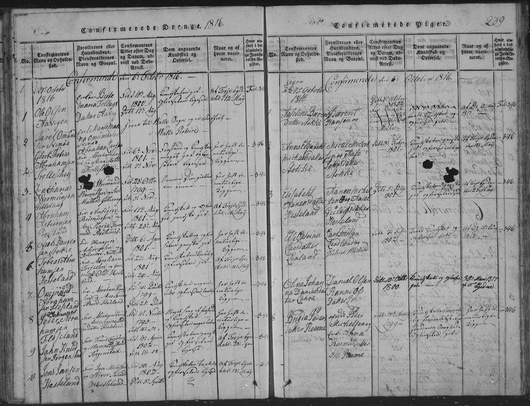Sør-Audnedal sokneprestkontor, SAK/1111-0039/F/Fb/Fba/L0001: Parish register (copy) no. B 1, 1815-1850, p. 239