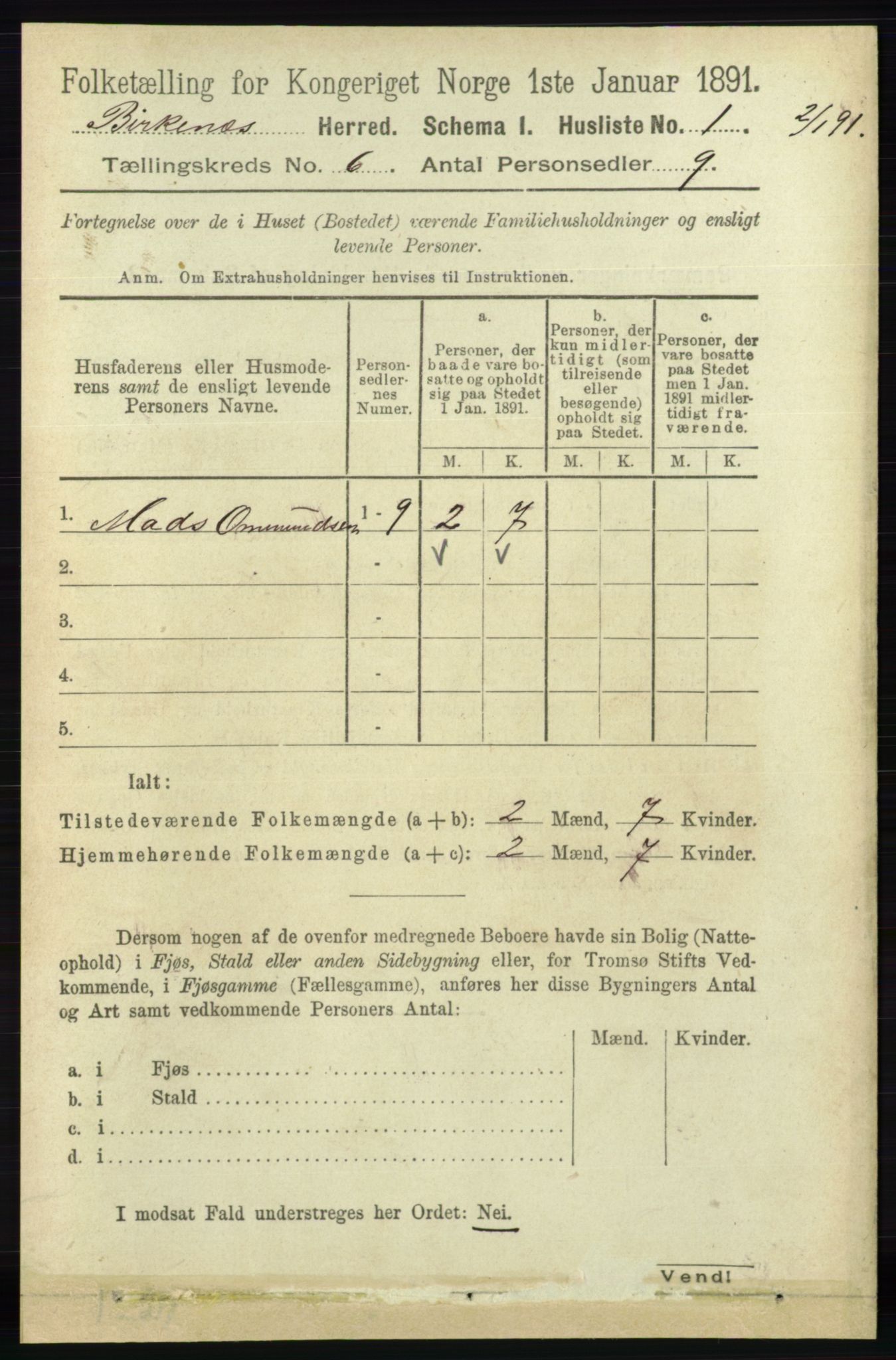 RA, 1891 Census for 0928 Birkenes, 1891, p. 1765
