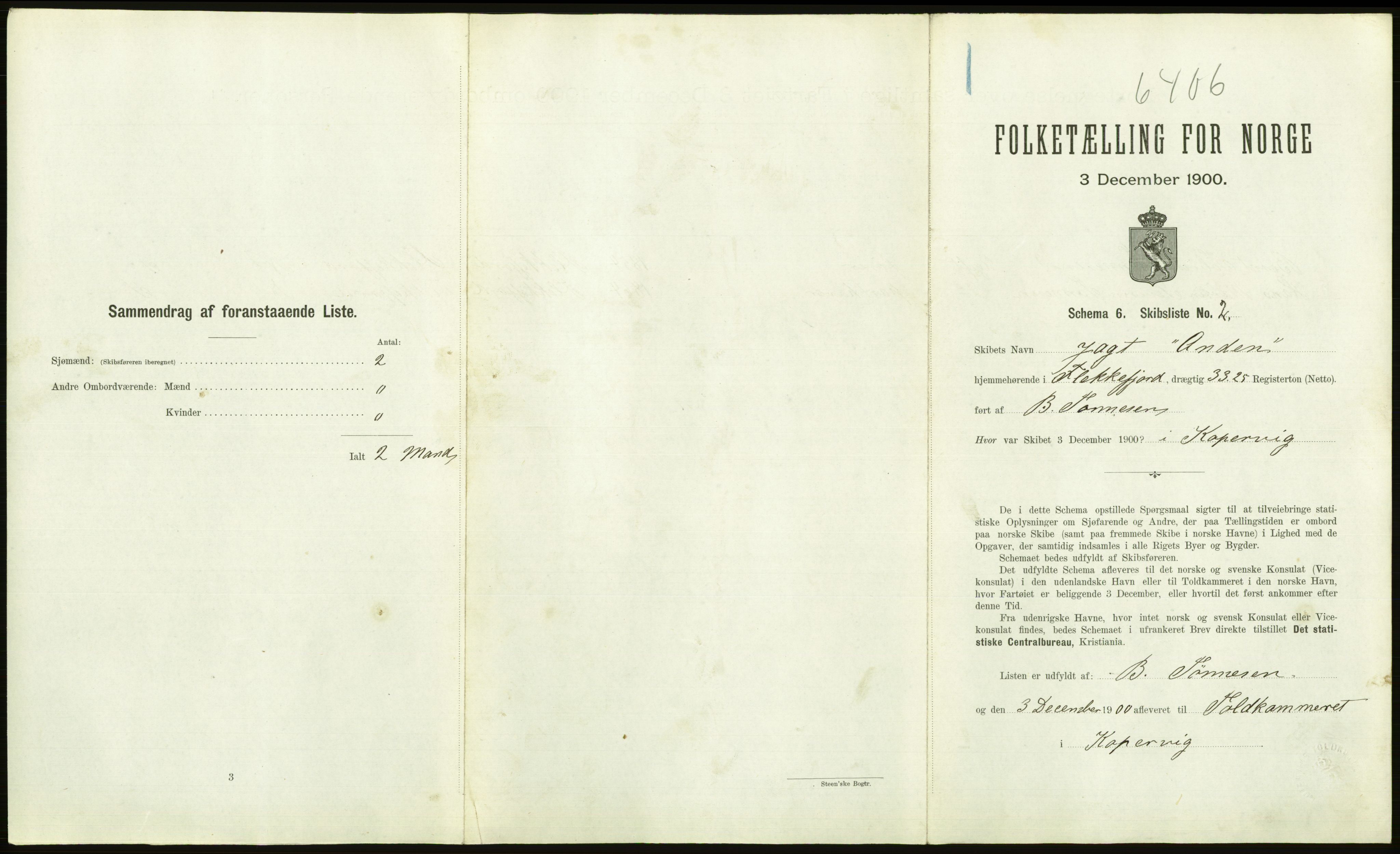 RA, 1900 Census - ship lists from ships in Norwegian harbours, harbours abroad and at sea, 1900, p. 1063