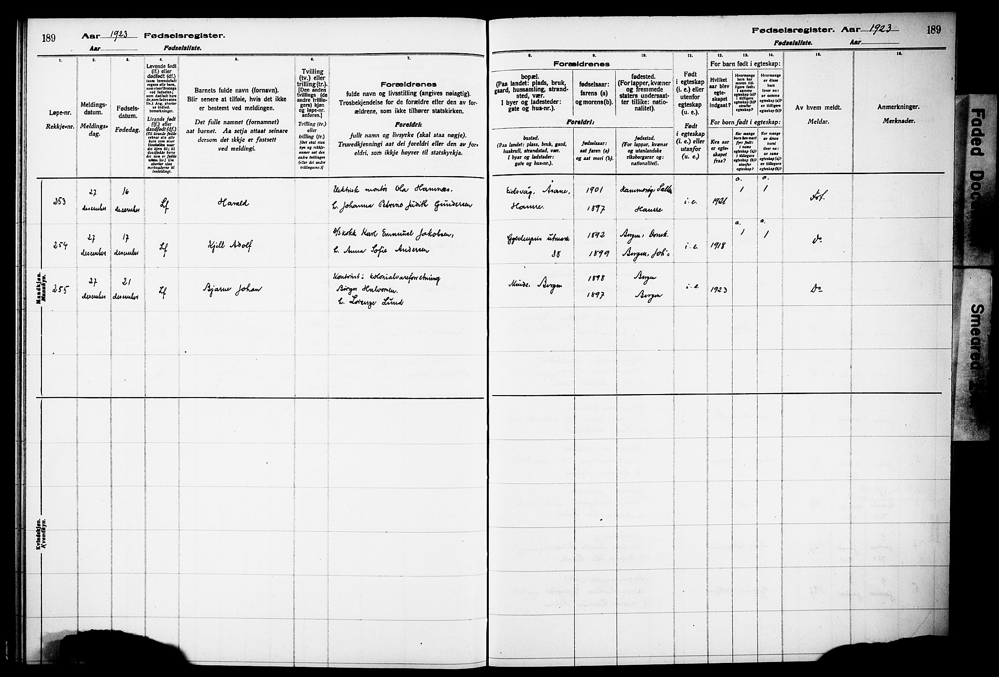 Kvinneklinikken, AV/SAB-A-76301/F/L0A02: Birth register no. A 2, 1920-1924, p. 189