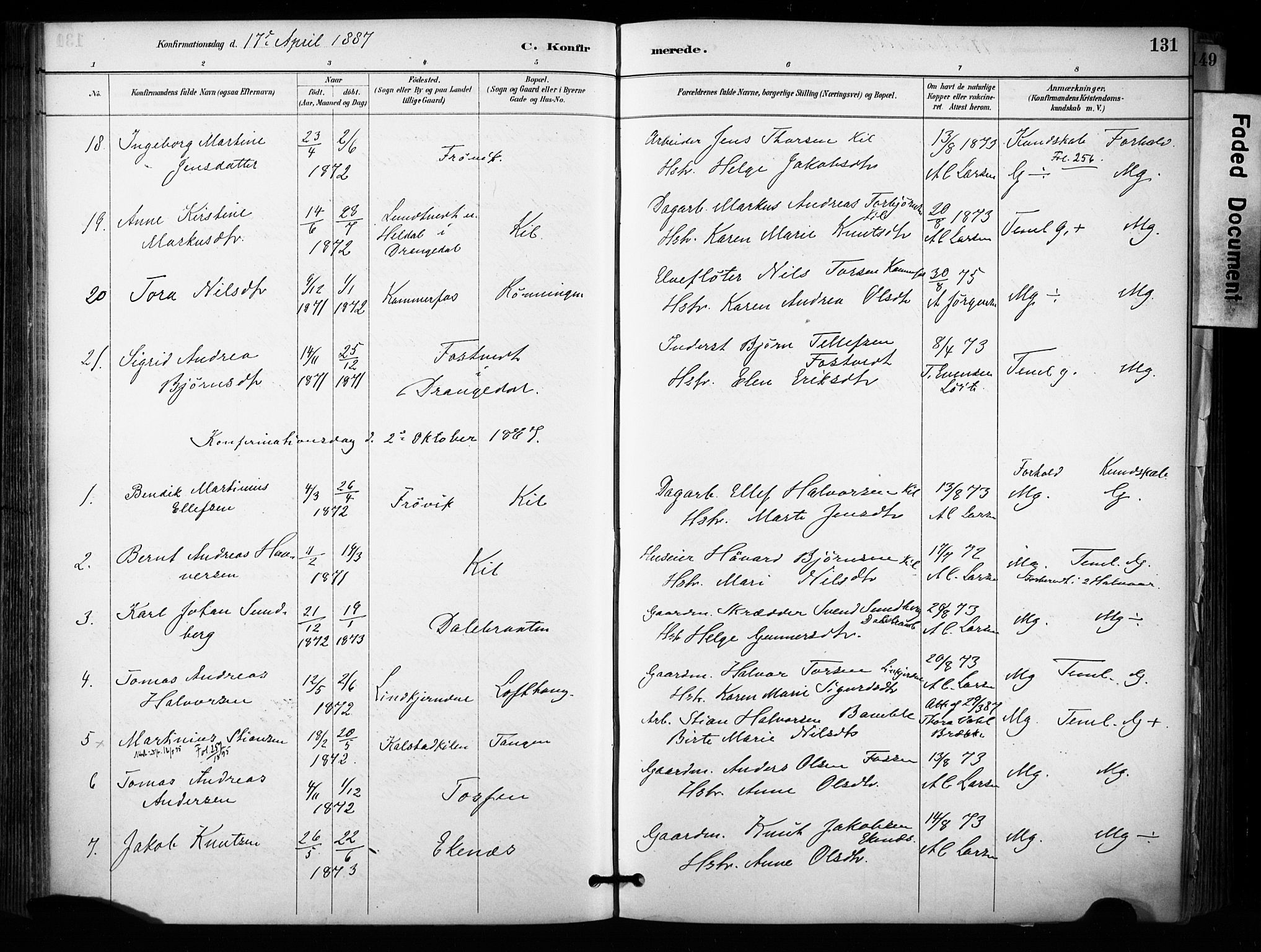 Sannidal kirkebøker, AV/SAKO-A-296/F/Fa/L0015: Parish register (official) no. 15, 1884-1899, p. 131