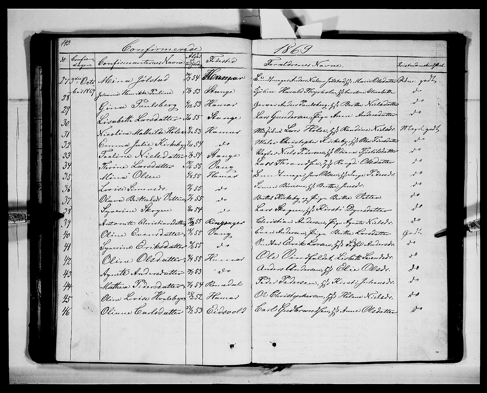 Vang prestekontor, Hedmark, SAH/PREST-008/H/Ha/Hab/L0011: Parish register (copy) no. 11, 1855-1878, p. 143
