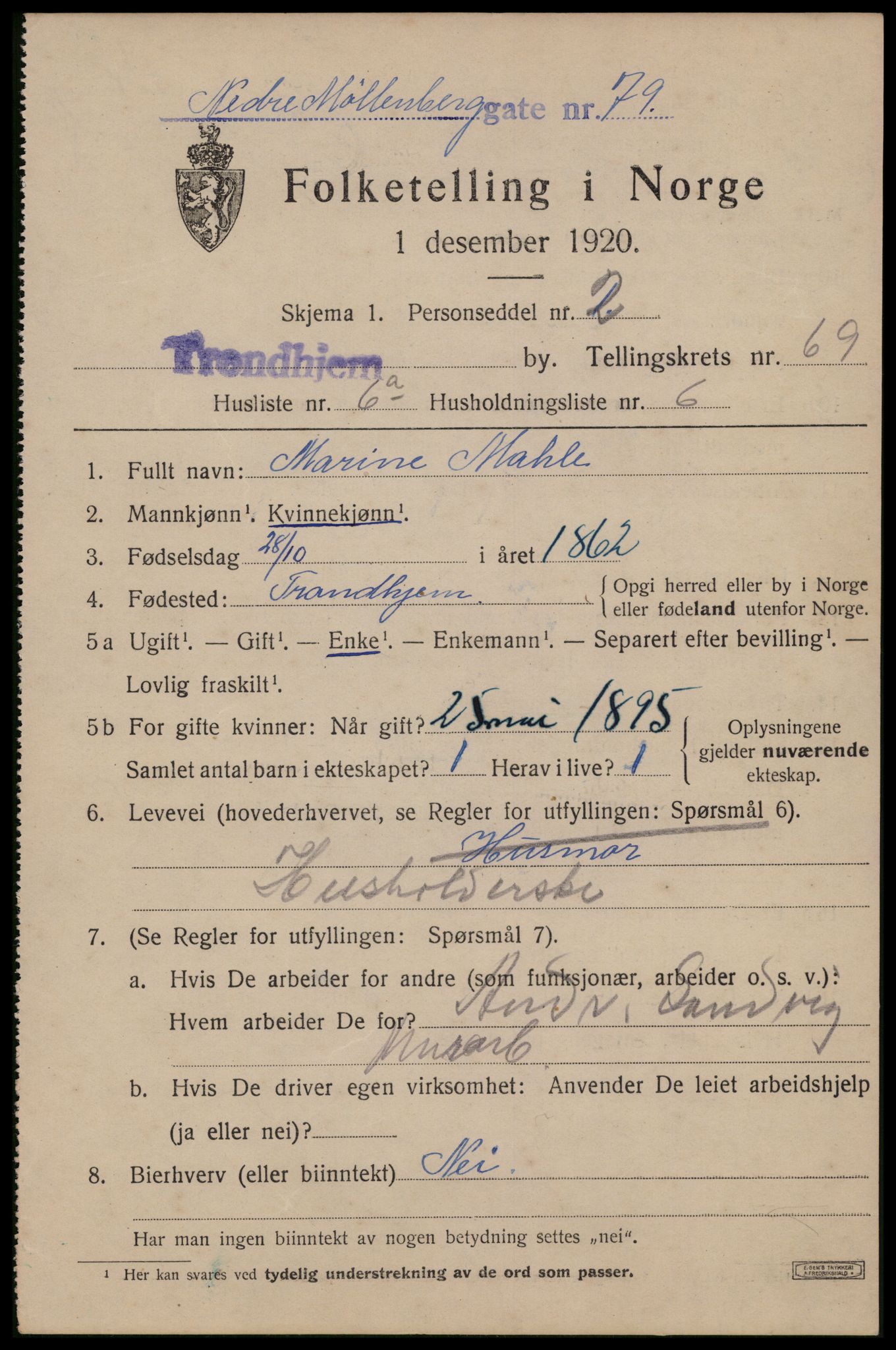 SAT, 1920 census for Trondheim, 1920, p. 136466