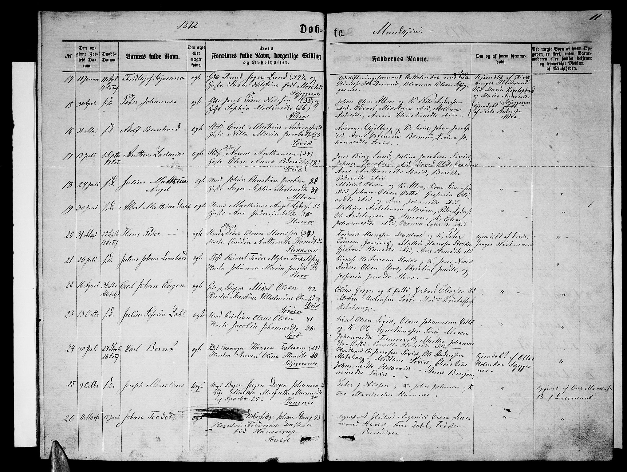 Ministerialprotokoller, klokkerbøker og fødselsregistre - Nordland, SAT/A-1459/830/L0461: Parish register (copy) no. 830C03, 1866-1881, p. 11