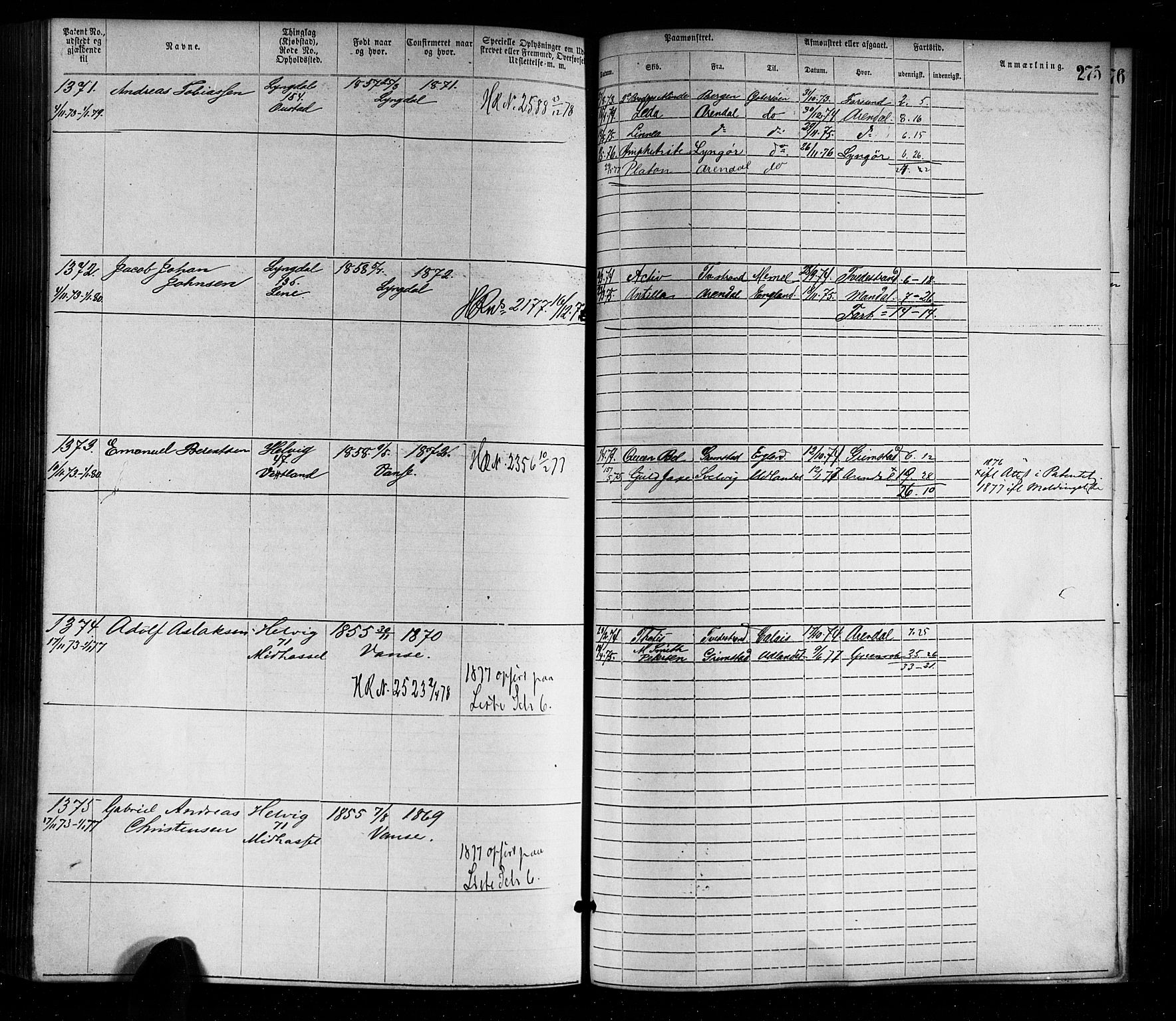 Farsund mønstringskrets, AV/SAK-2031-0017/F/Fa/L0001: Annotasjonsrulle nr 1-1920 med register, M-1, 1869-1877, p. 305