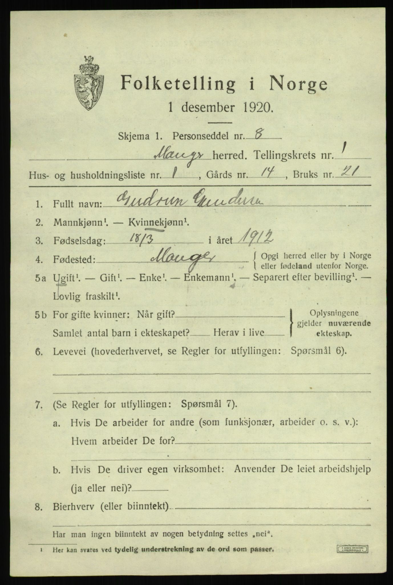 SAB, 1920 census for Manger, 1920, p. 1477