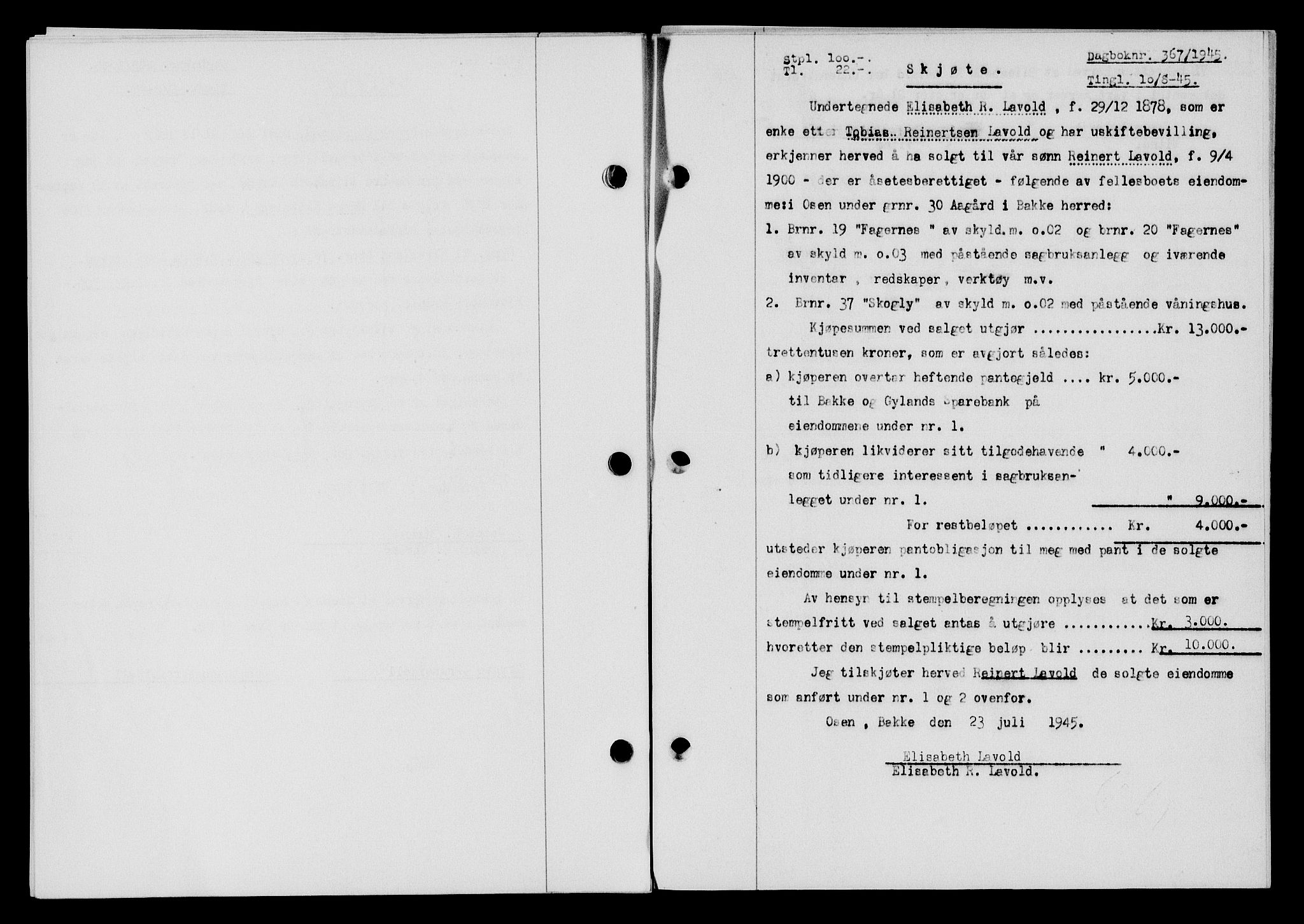 Flekkefjord sorenskriveri, SAK/1221-0001/G/Gb/Gba/L0059: Mortgage book no. A-7, 1944-1945, Diary no: : 367/1945