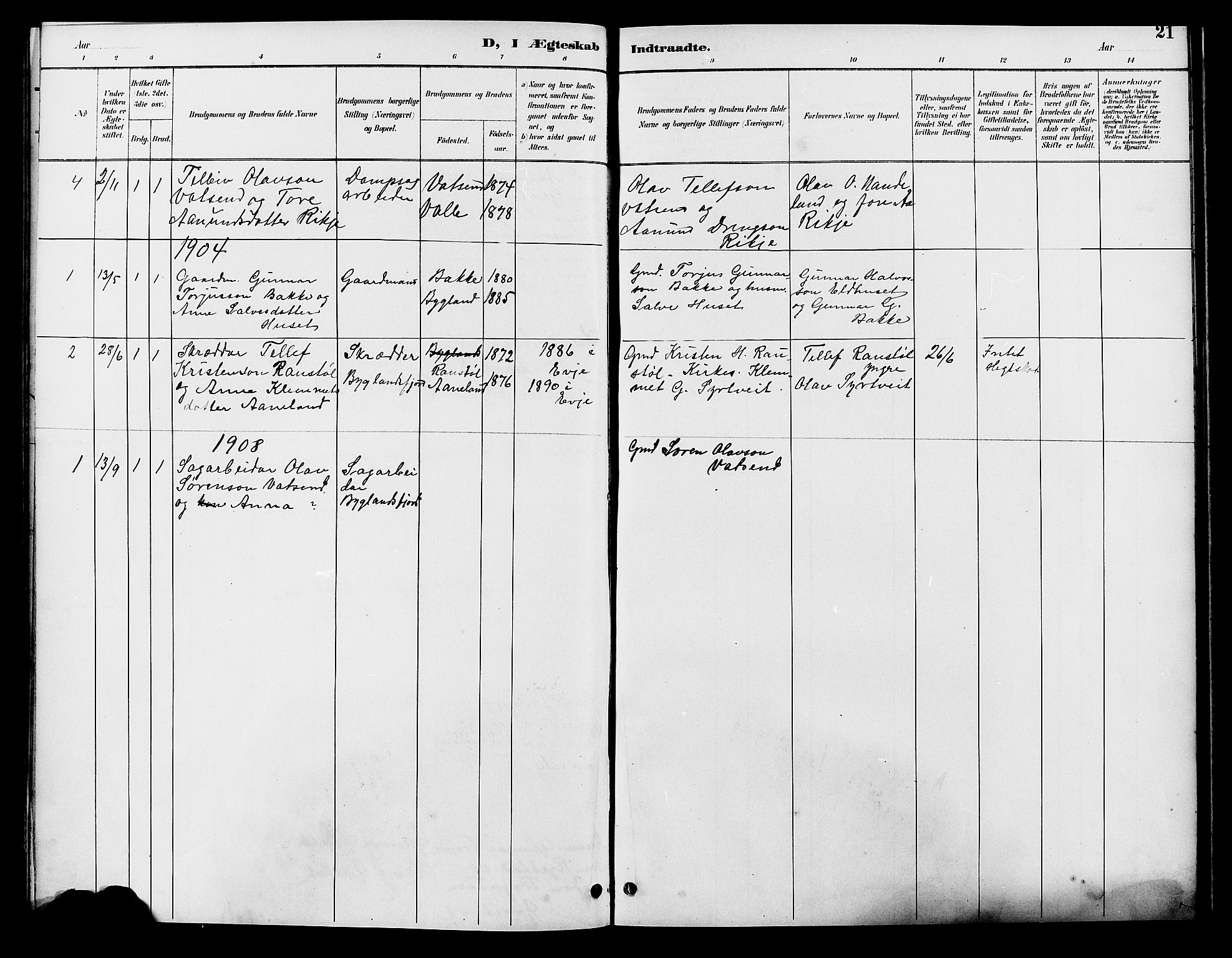 Bygland sokneprestkontor, AV/SAK-1111-0006/F/Fb/Fbd/L0002: Parish register (copy) no. B 2, 1894-1909, p. 21