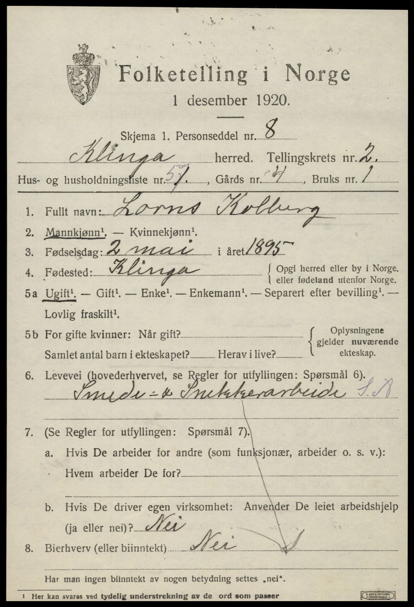 SAT, 1920 census for Klinga, 1920, p. 2049