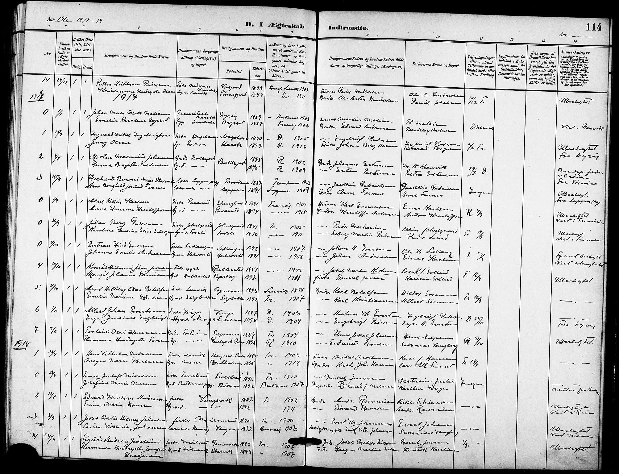 Tranøy sokneprestkontor, SATØ/S-1313/I/Ia/Iab/L0005klokker: Parish register (copy) no. 5, 1902-1919, p. 114
