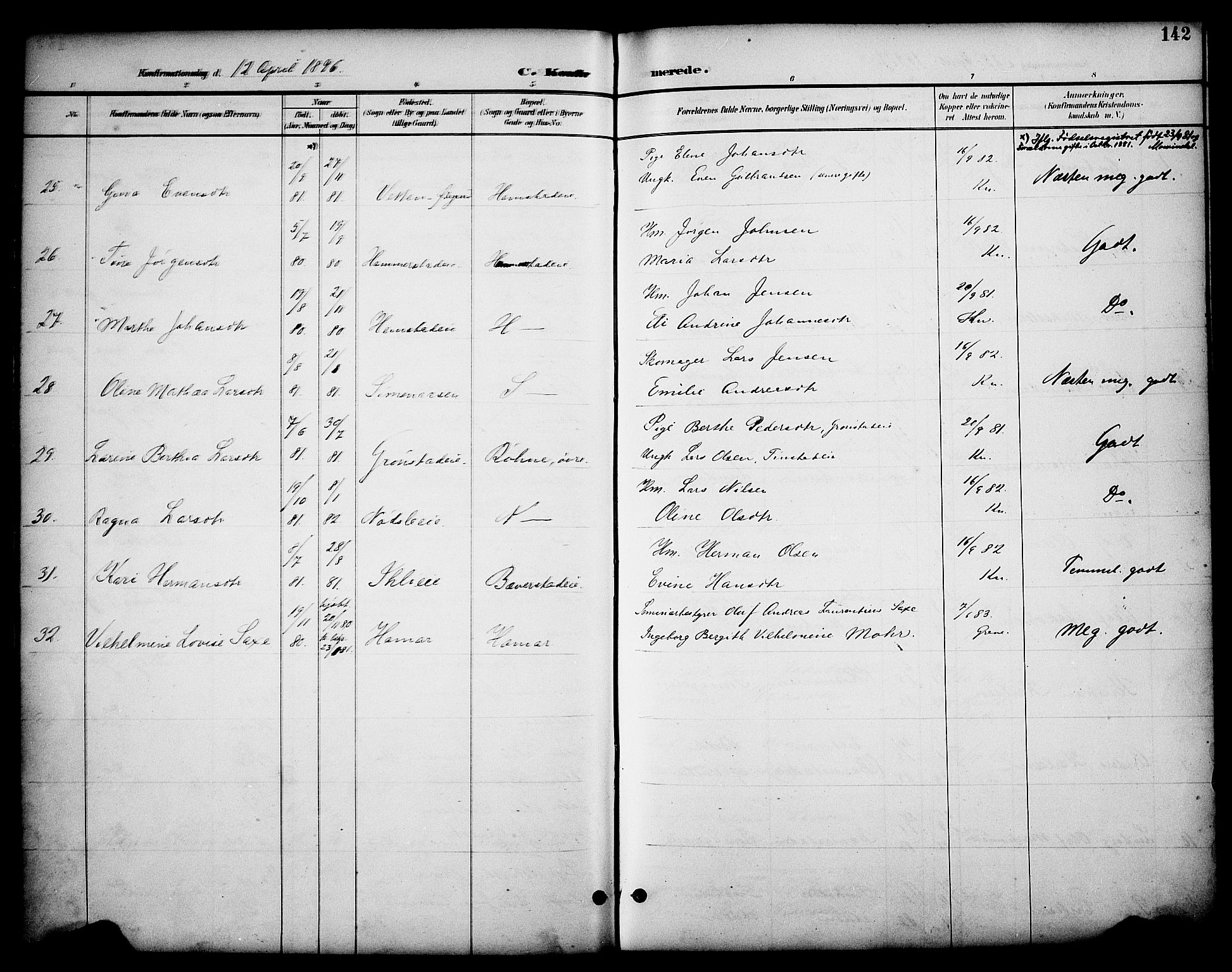 Stange prestekontor, AV/SAH-PREST-002/K/L0020: Parish register (official) no. 20, 1894-1905, p. 142