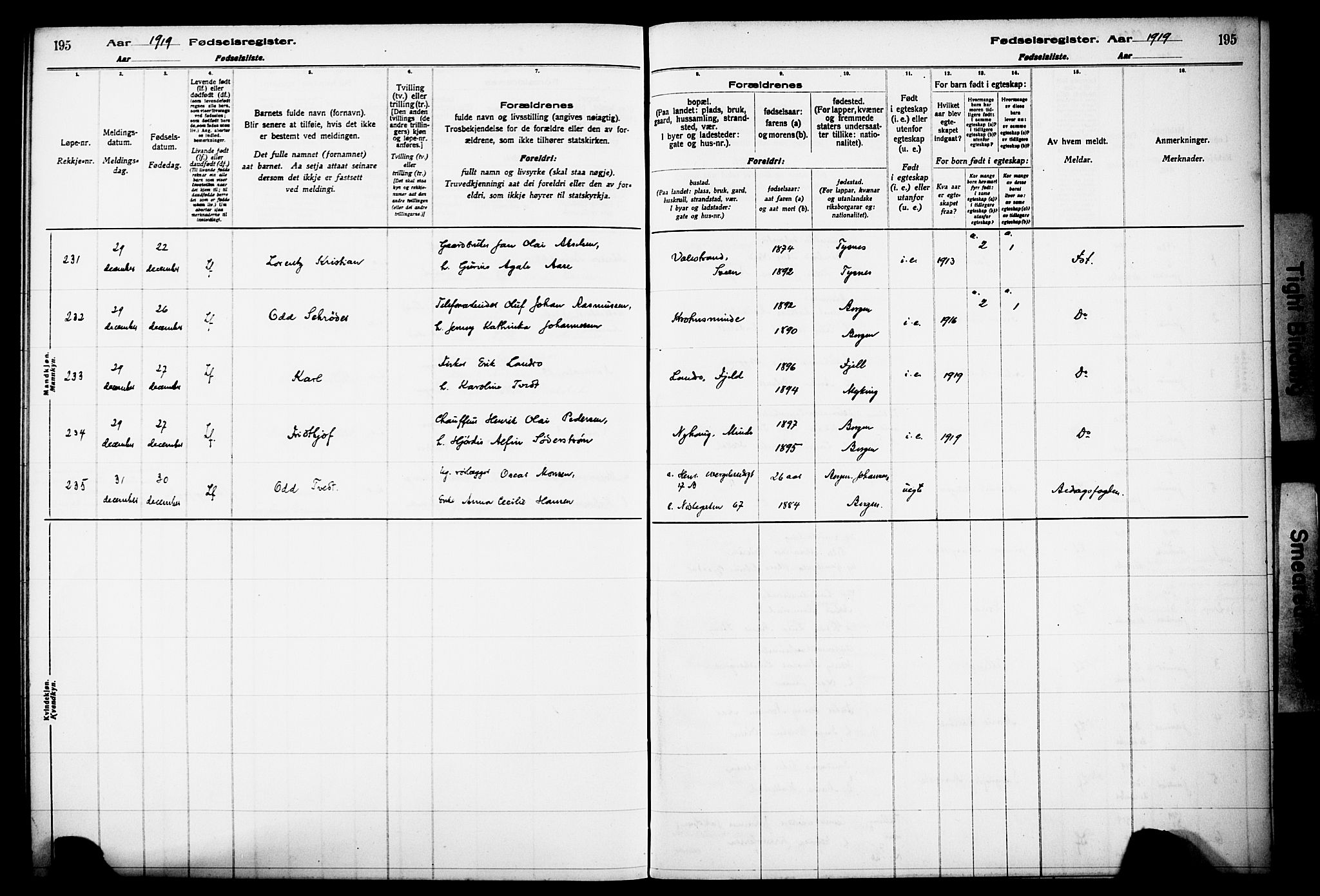 Kvinneklinikken, AV/SAB-A-76301/F/L0A01: Birth register no. A 1, 1916-1920, p. 195