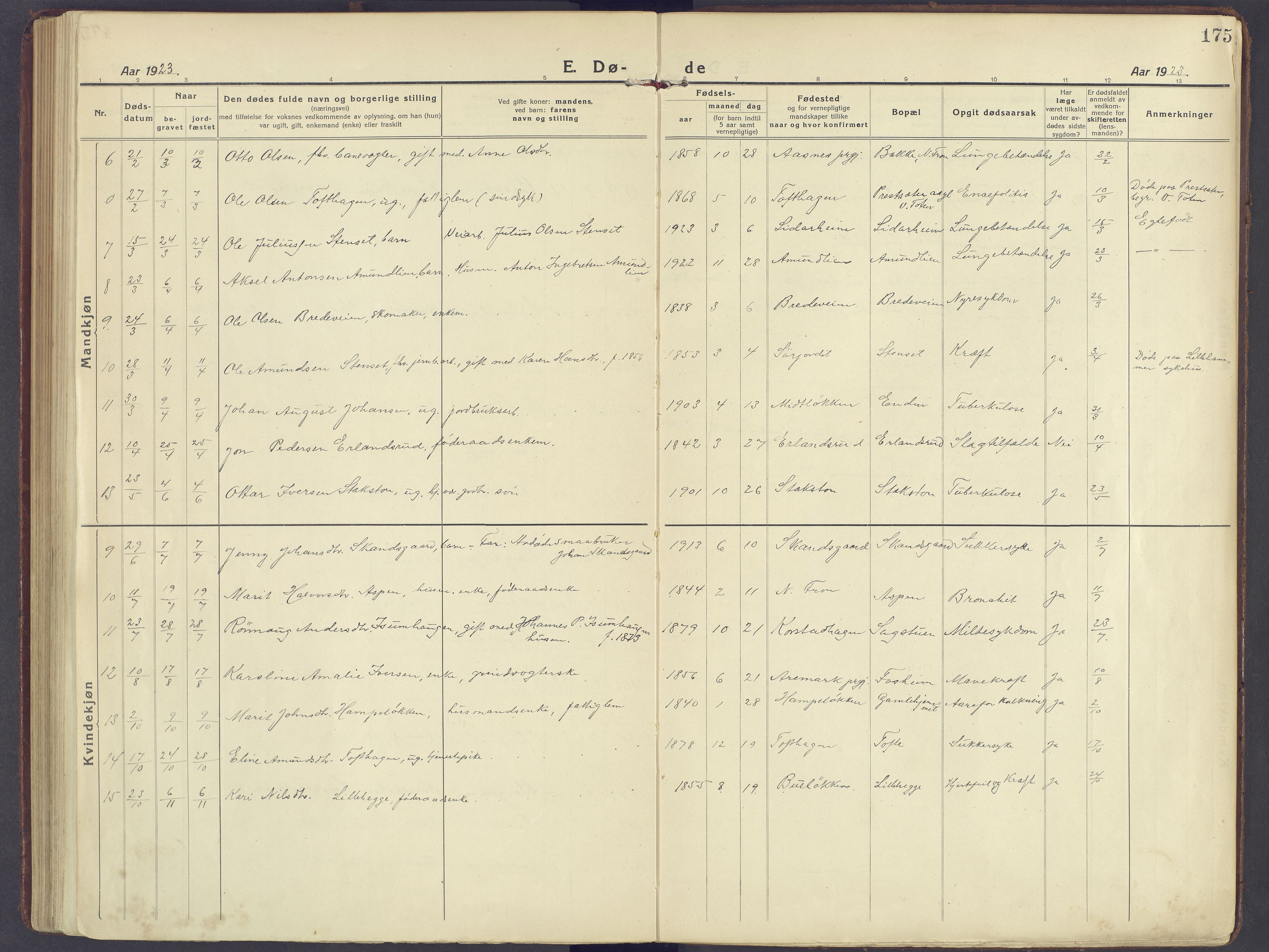 Sør-Fron prestekontor, SAH/PREST-010/H/Ha/Haa/L0005: Parish register (official) no. 5, 1920-1933, p. 175