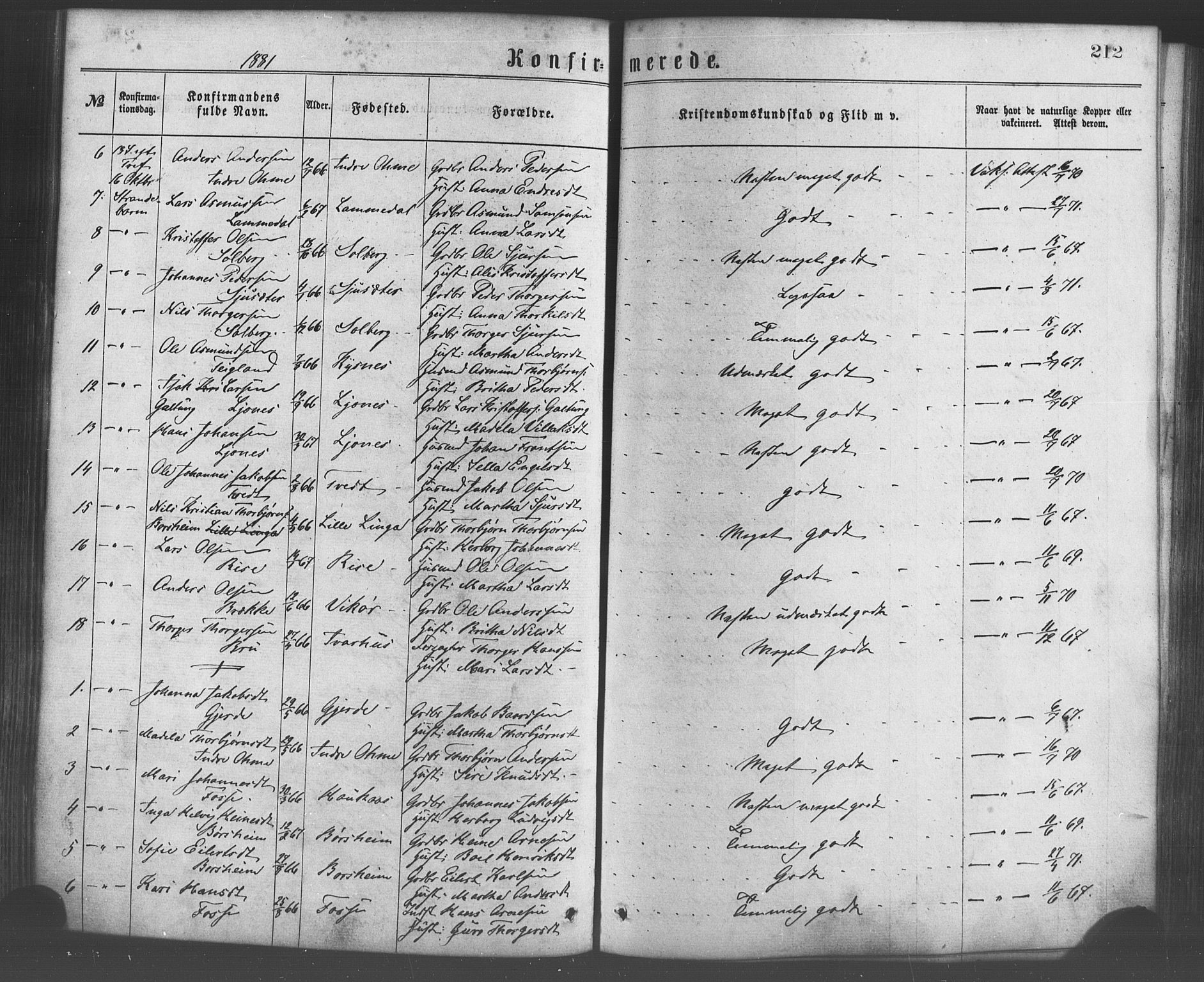 Strandebarm sokneprestembete, AV/SAB-A-78401/H/Haa: Parish register (official) no. A 9, 1872-1886, p. 212