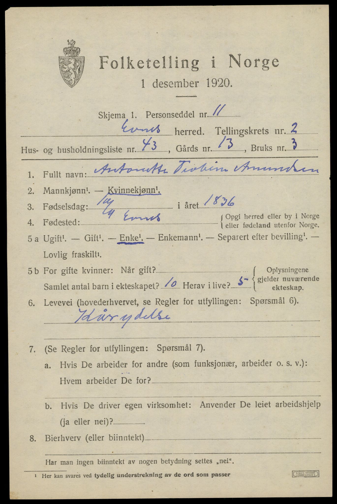 SAT, 1920 census for Evenes, 1920, p. 2950