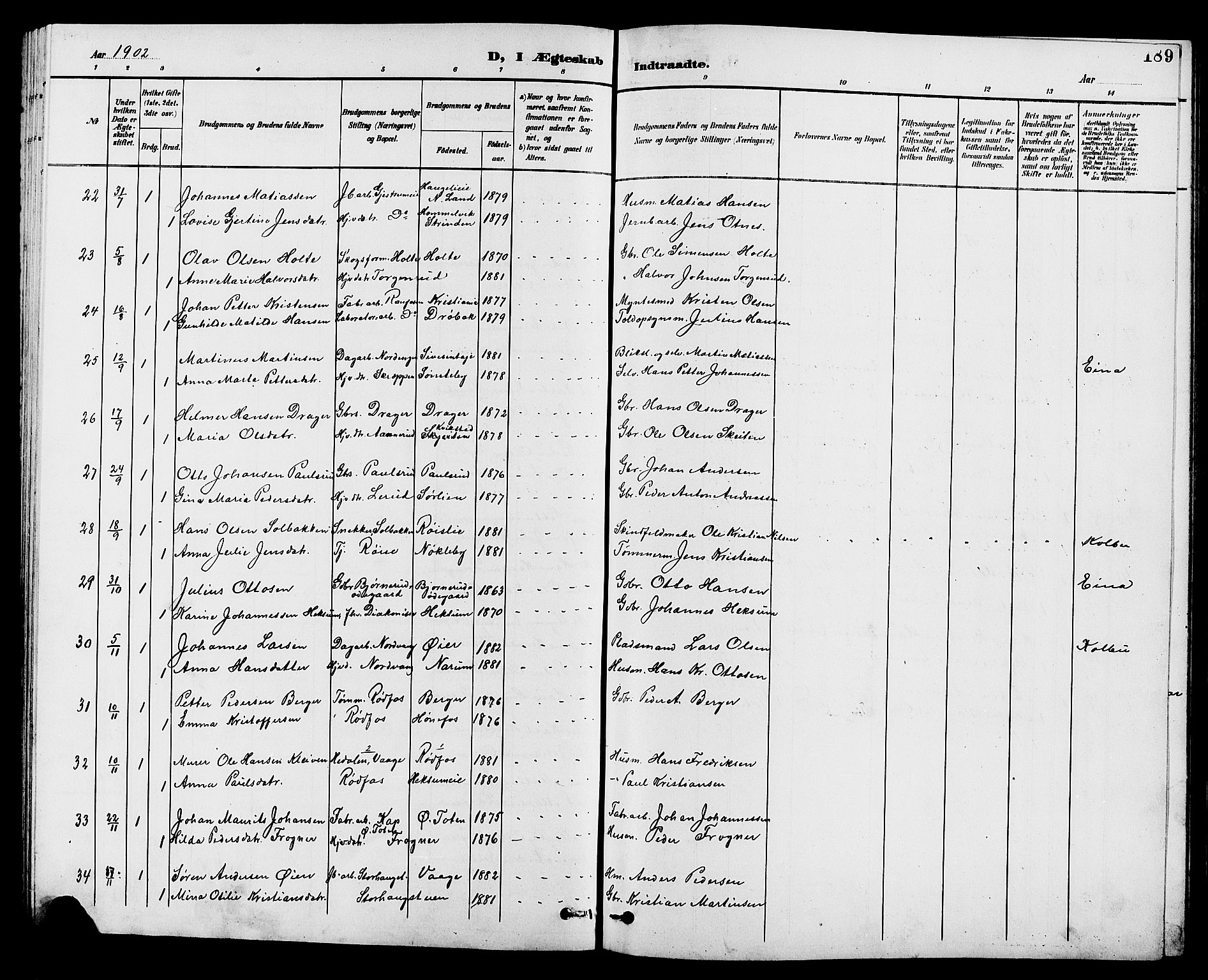 Vestre Toten prestekontor, AV/SAH-PREST-108/H/Ha/Hab/L0010: Parish register (copy) no. 10, 1900-1912, p. 189